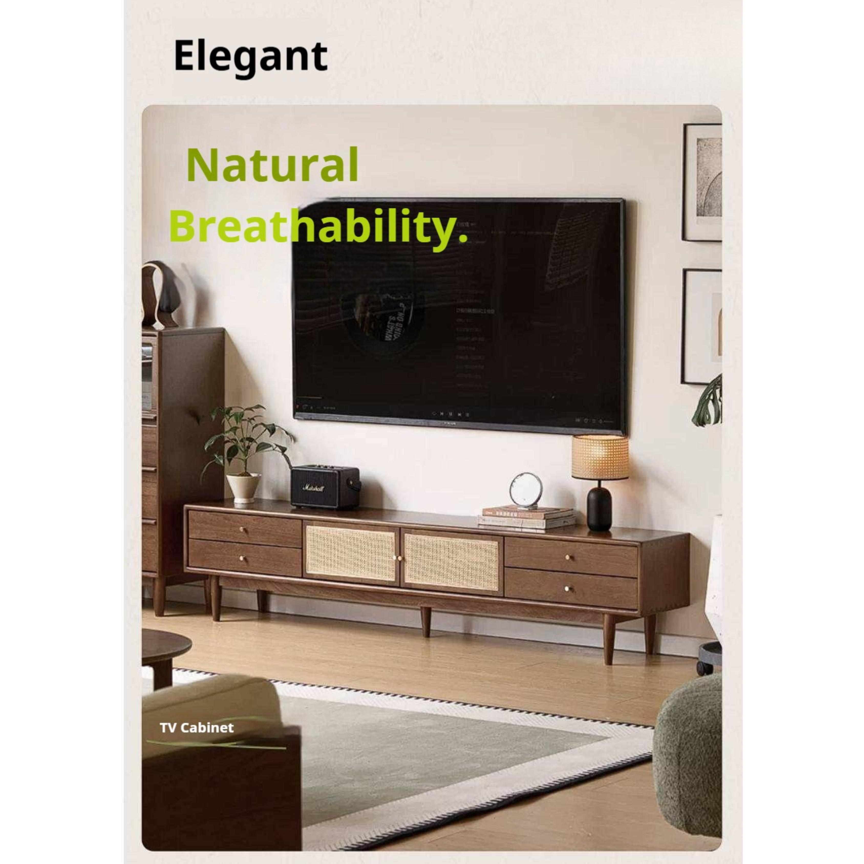 Birch Solid Wood TV Cabinet with Rattan Storage Design