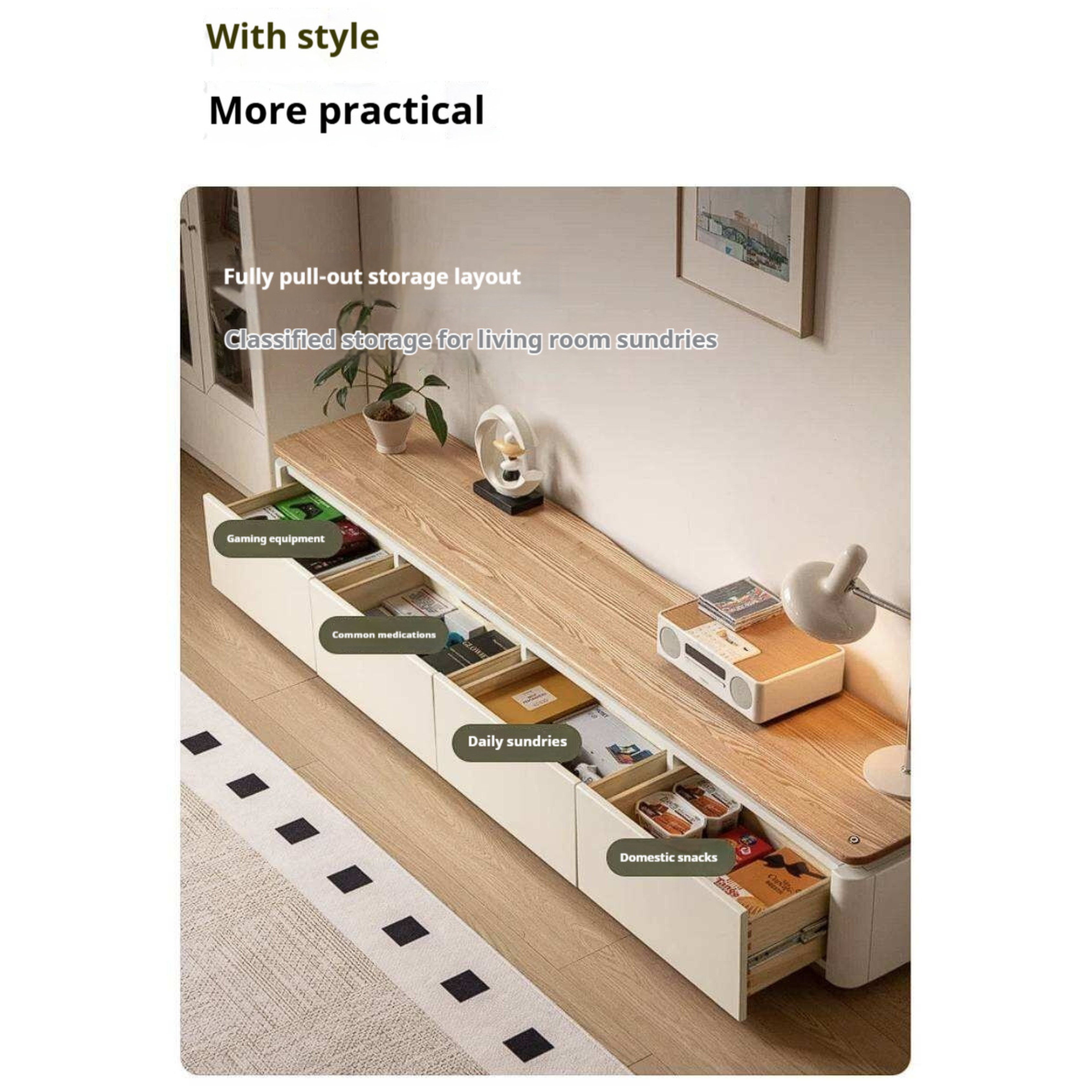 Ash Solid Wood TV Cabinet with Floor Standing Storage Design