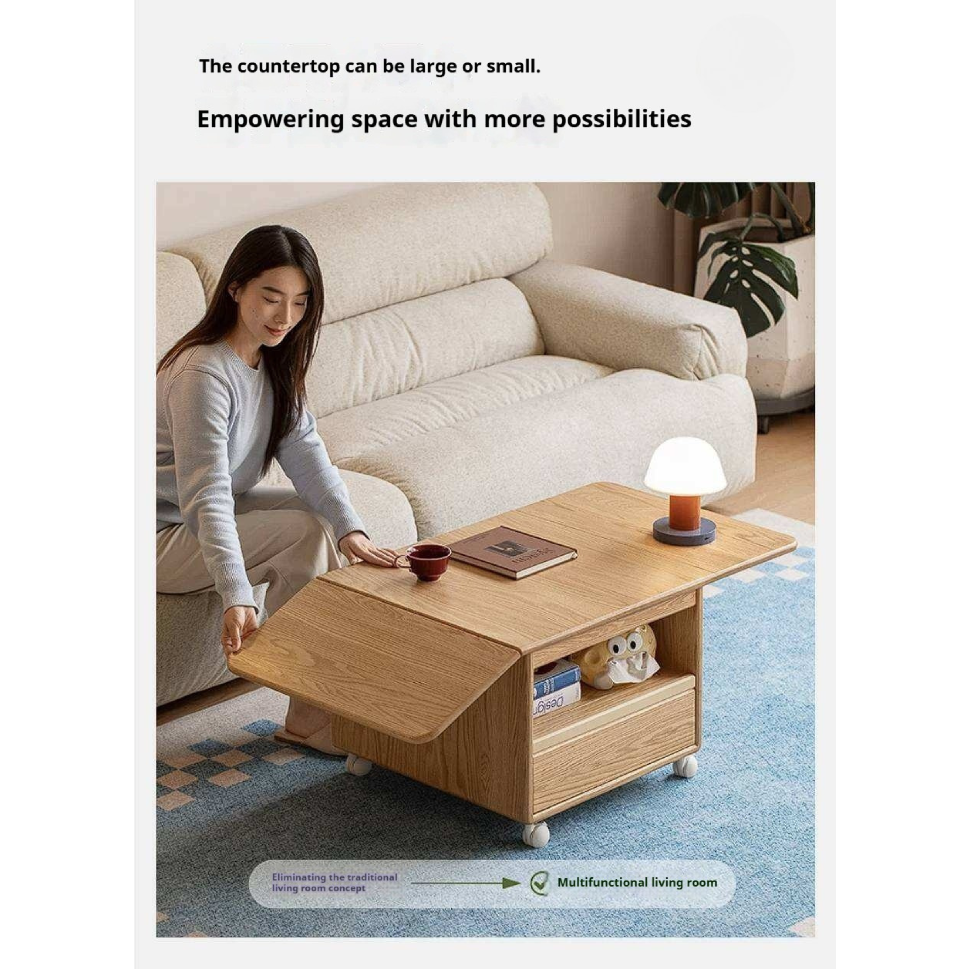 Oak Solid Wood Coffee Table with Foldable Design and Movable Base