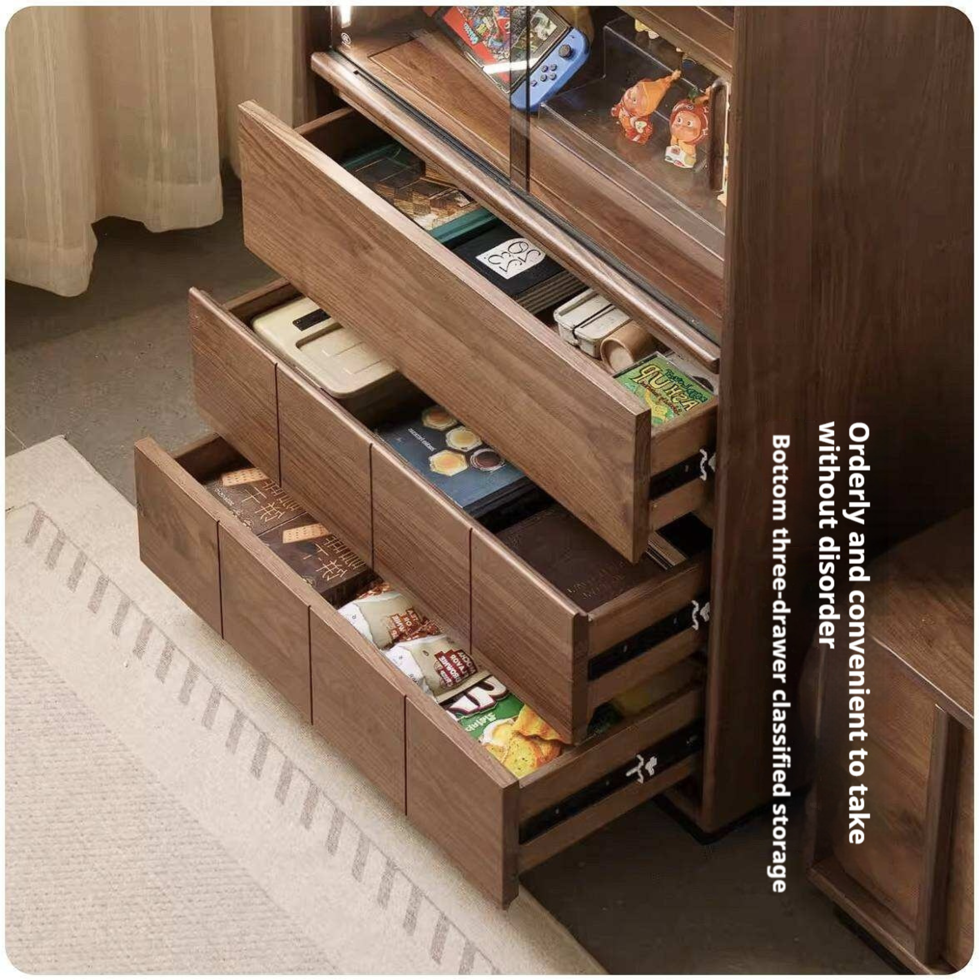 Black Walnut, Oak Solid Wood Side Cabinet with Integrated Lighting and Minimalist Design