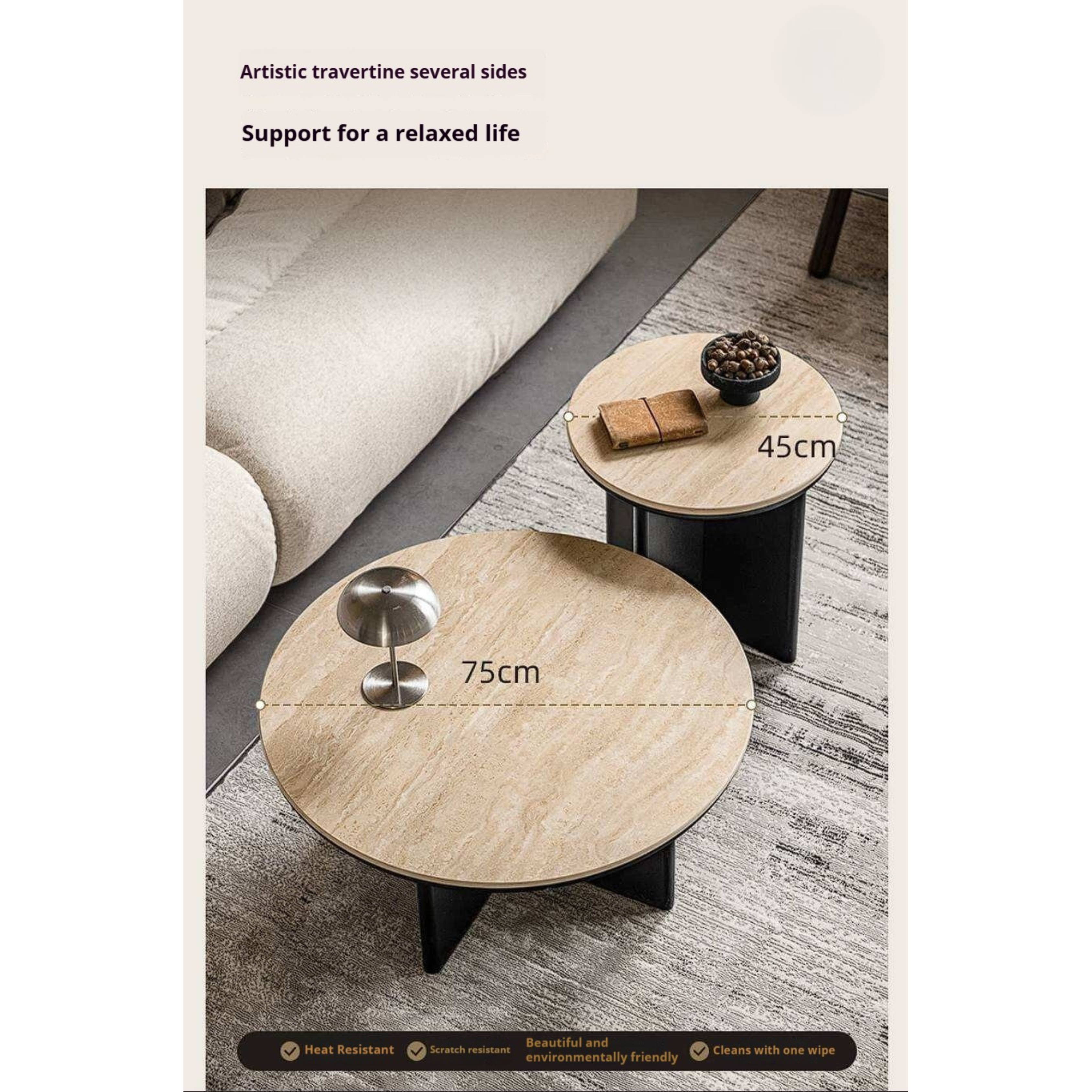 Ash Solid Wood Round Coffee Table with Slate Top and Modern Casual Design