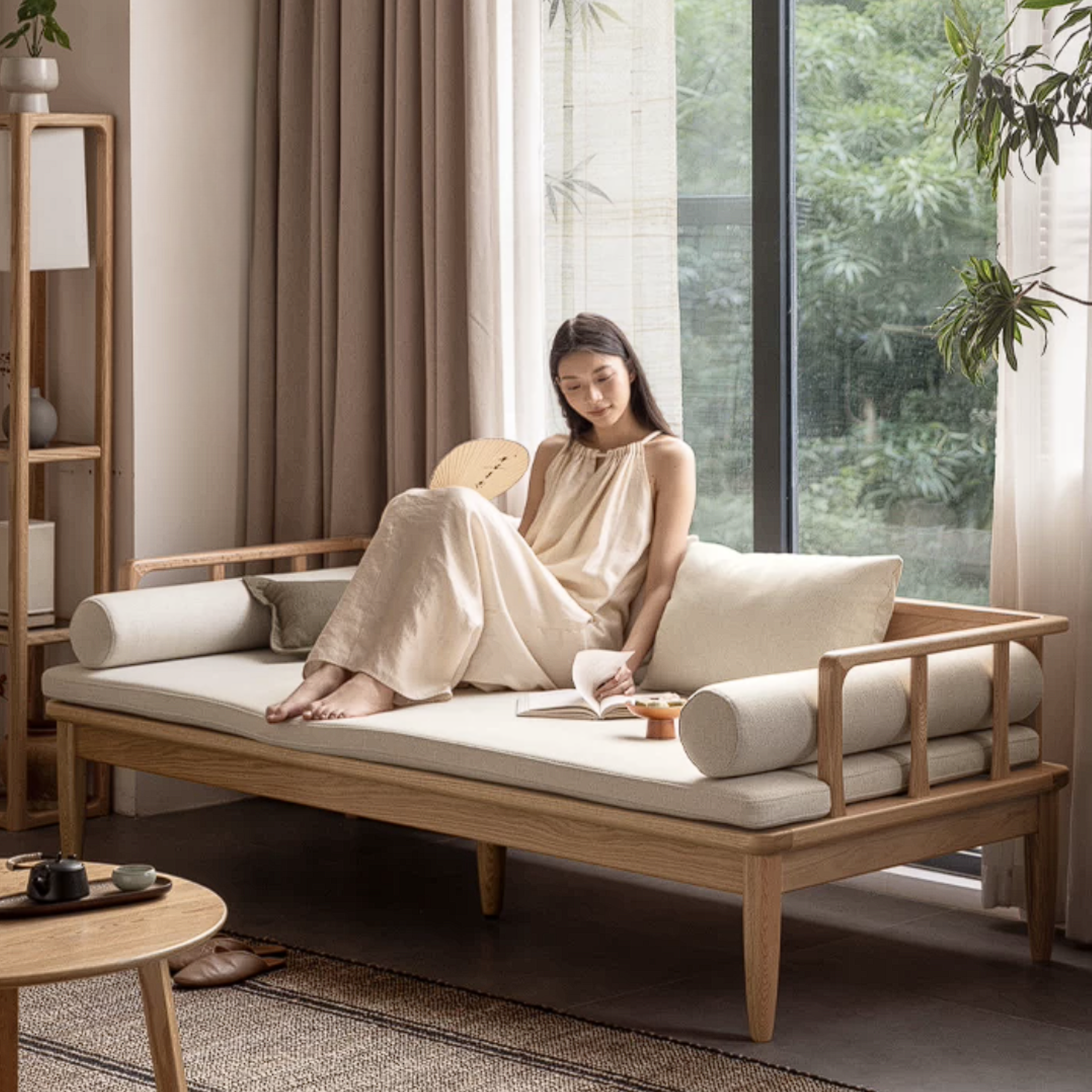 Oak Solid Wood Daybed Sofa with Removable Linen Cushions