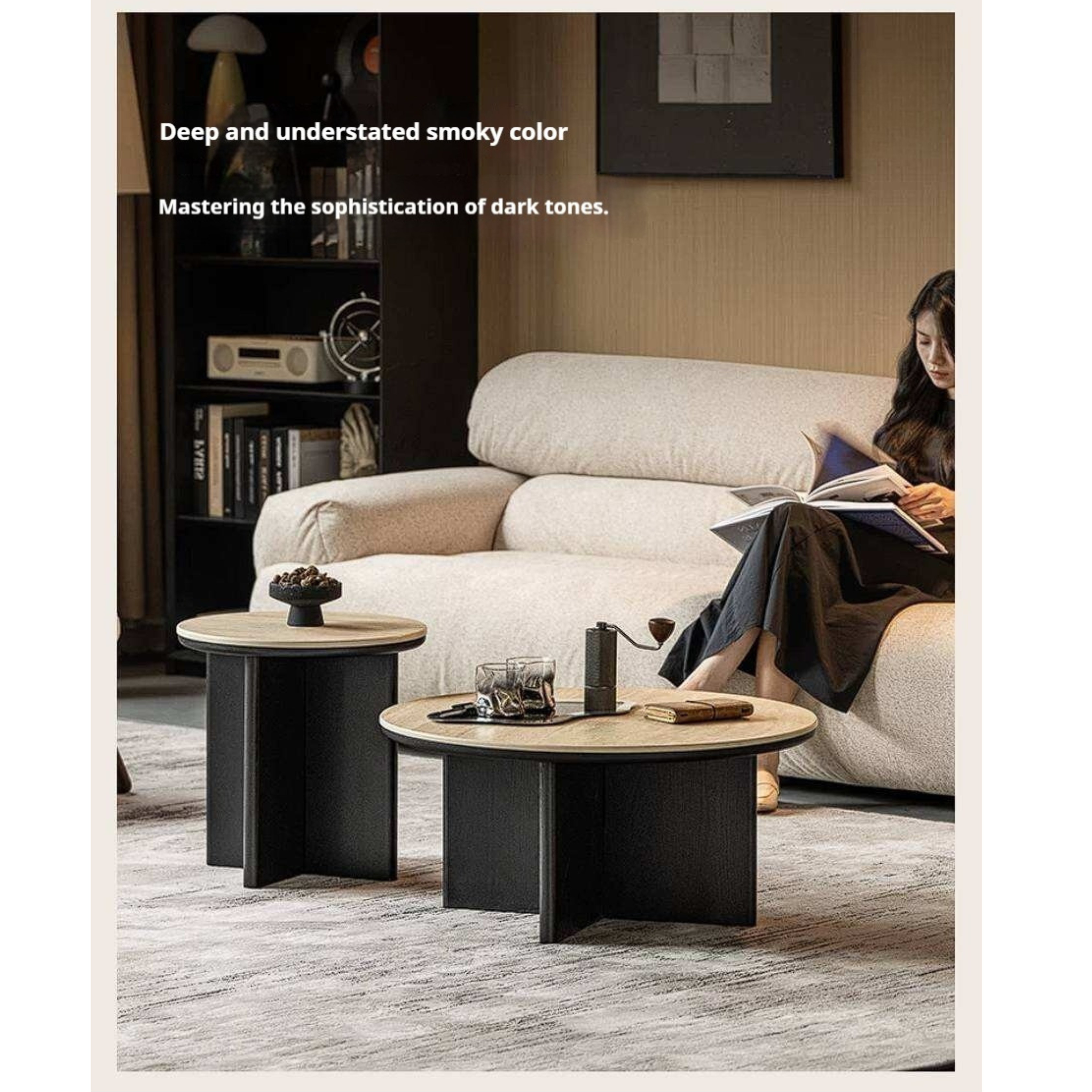 Ash Solid Wood Round Coffee Table with Slate Top and Modern Casual Design
