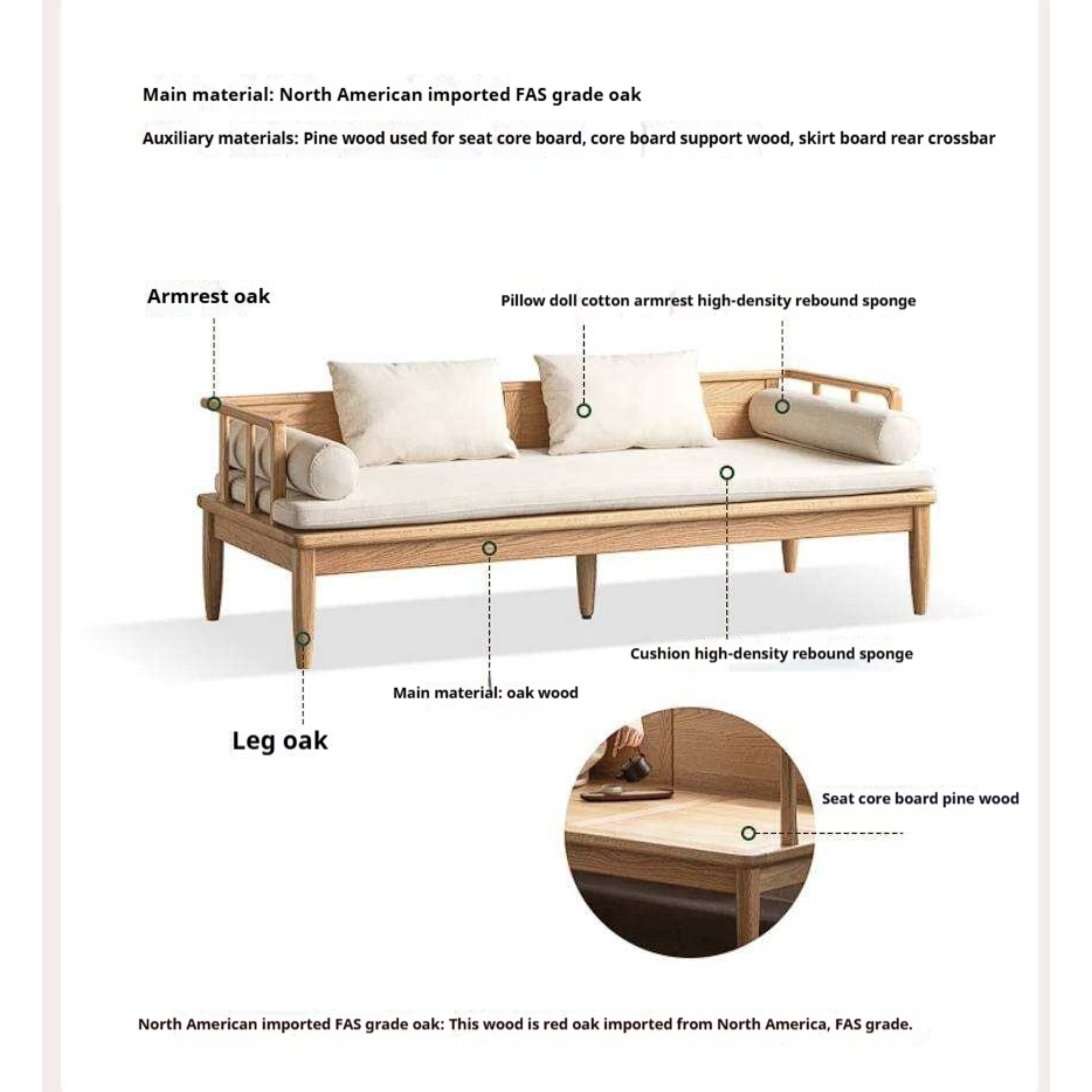 Oak Solid Wood Daybed Sofa with Removable Linen Cushions