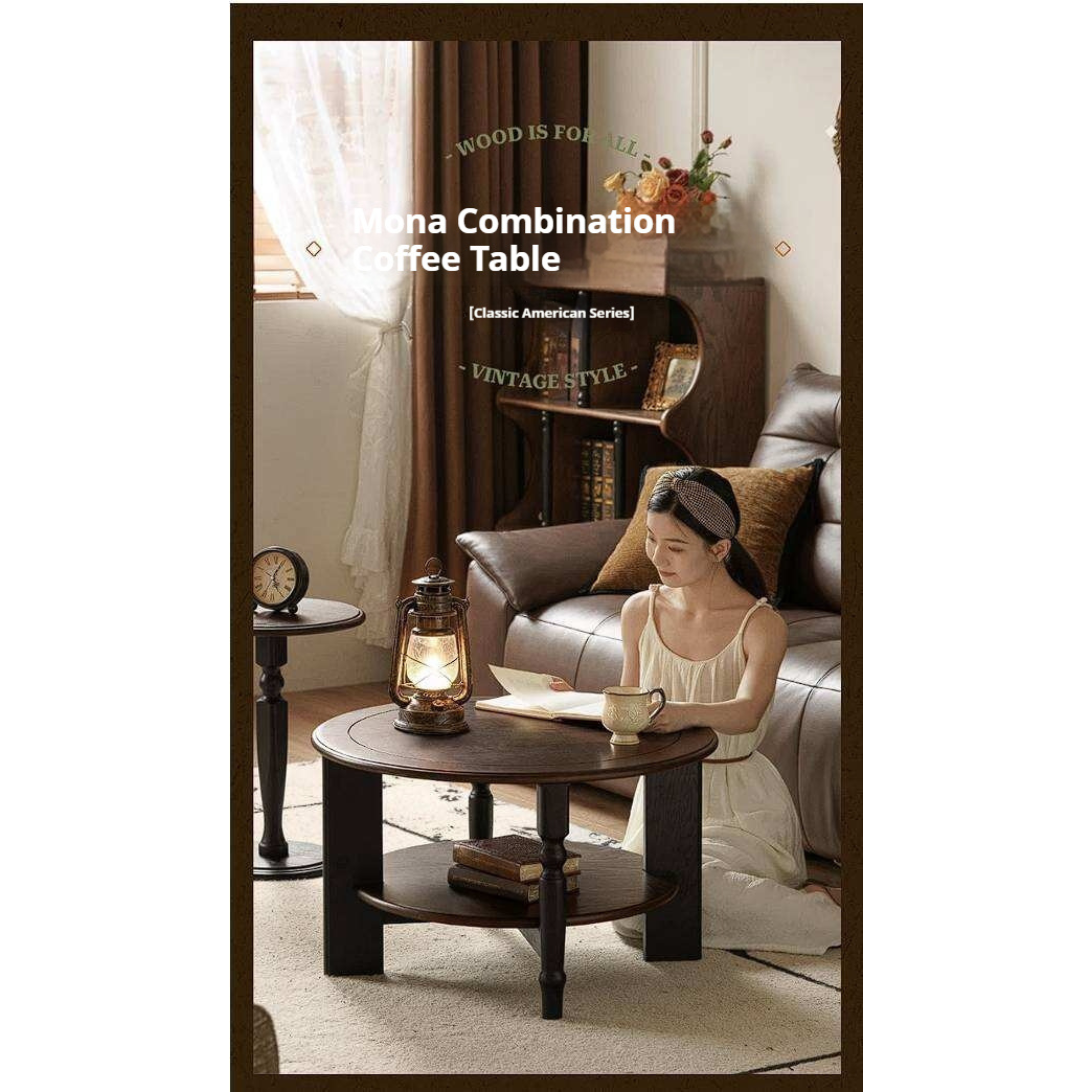 Ash Solid Wood Coffee Table with Round Design and American Style