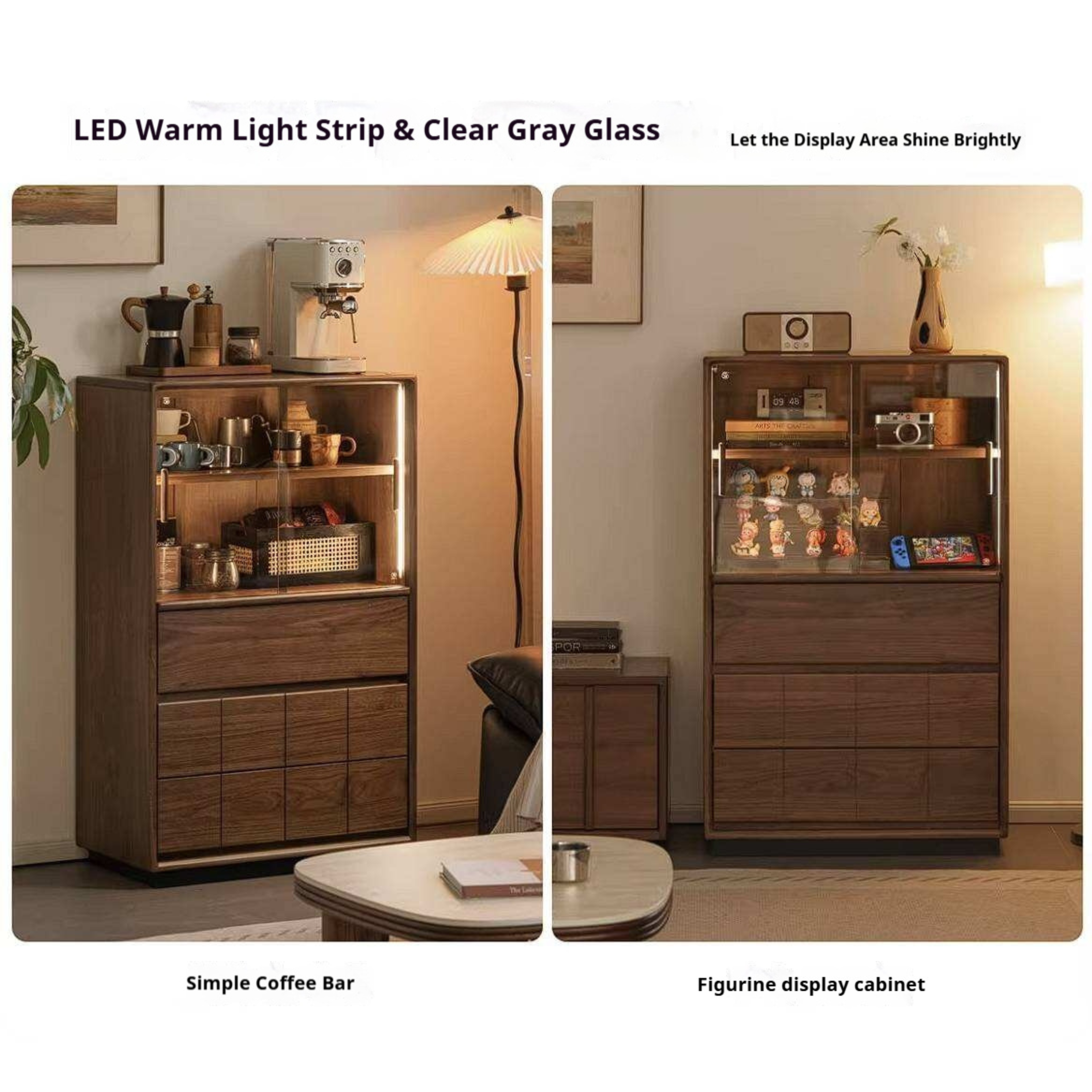 Black Walnut, Oak Solid Wood Side Cabinet with Integrated Lighting and Minimalist Design