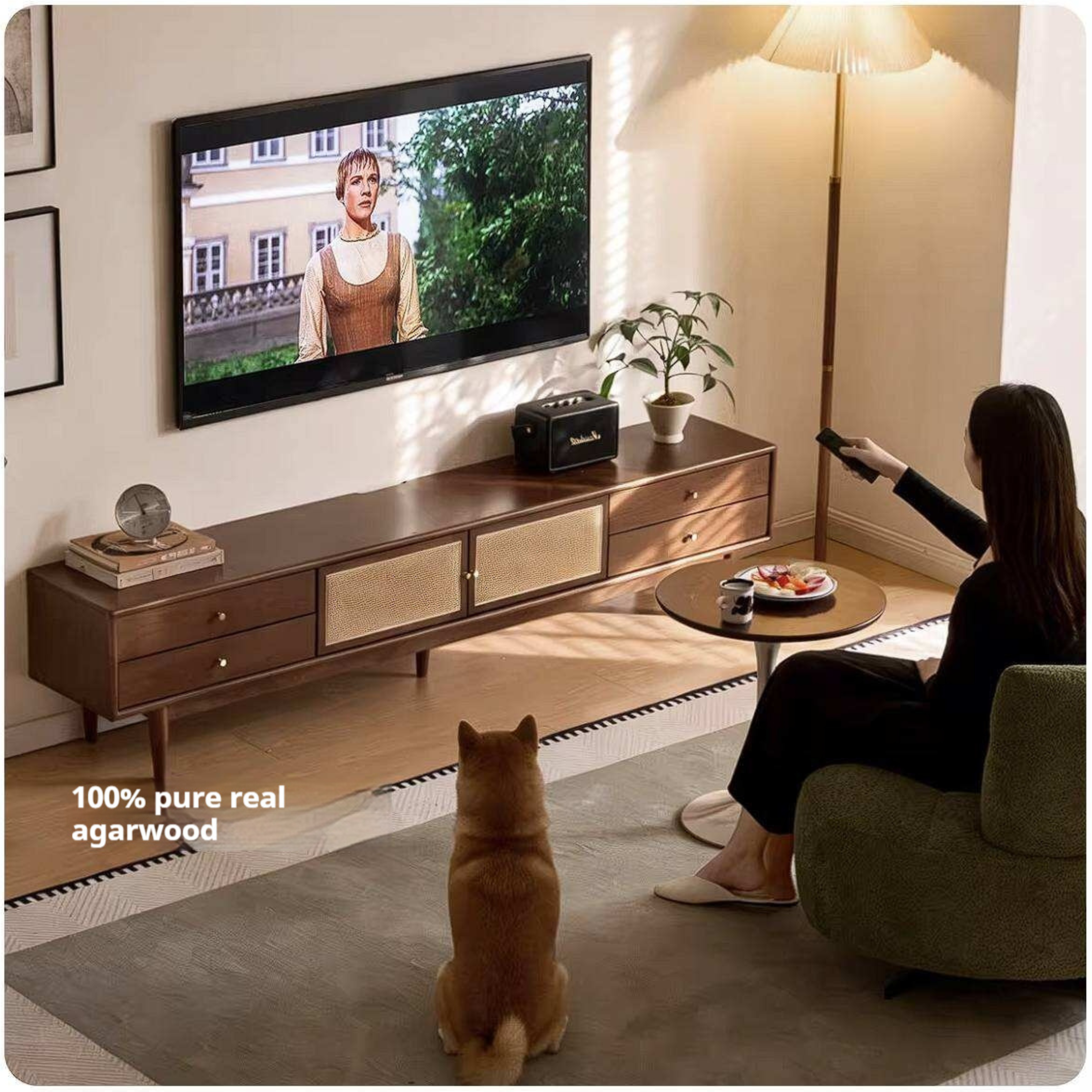 Birch Solid Wood TV Cabinet with Rattan Storage Design