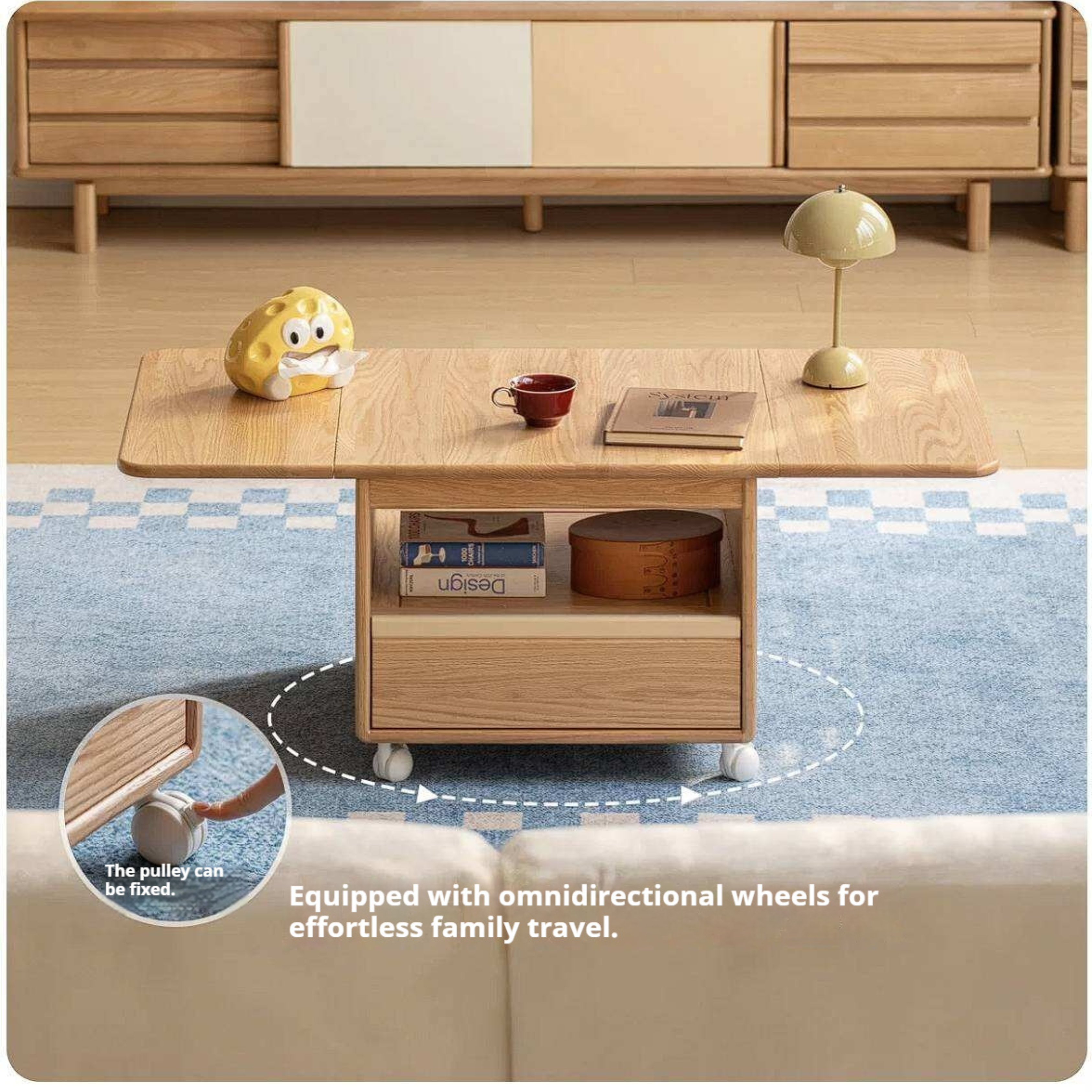 Oak Solid Wood Coffee Table with Foldable Design and Movable Base