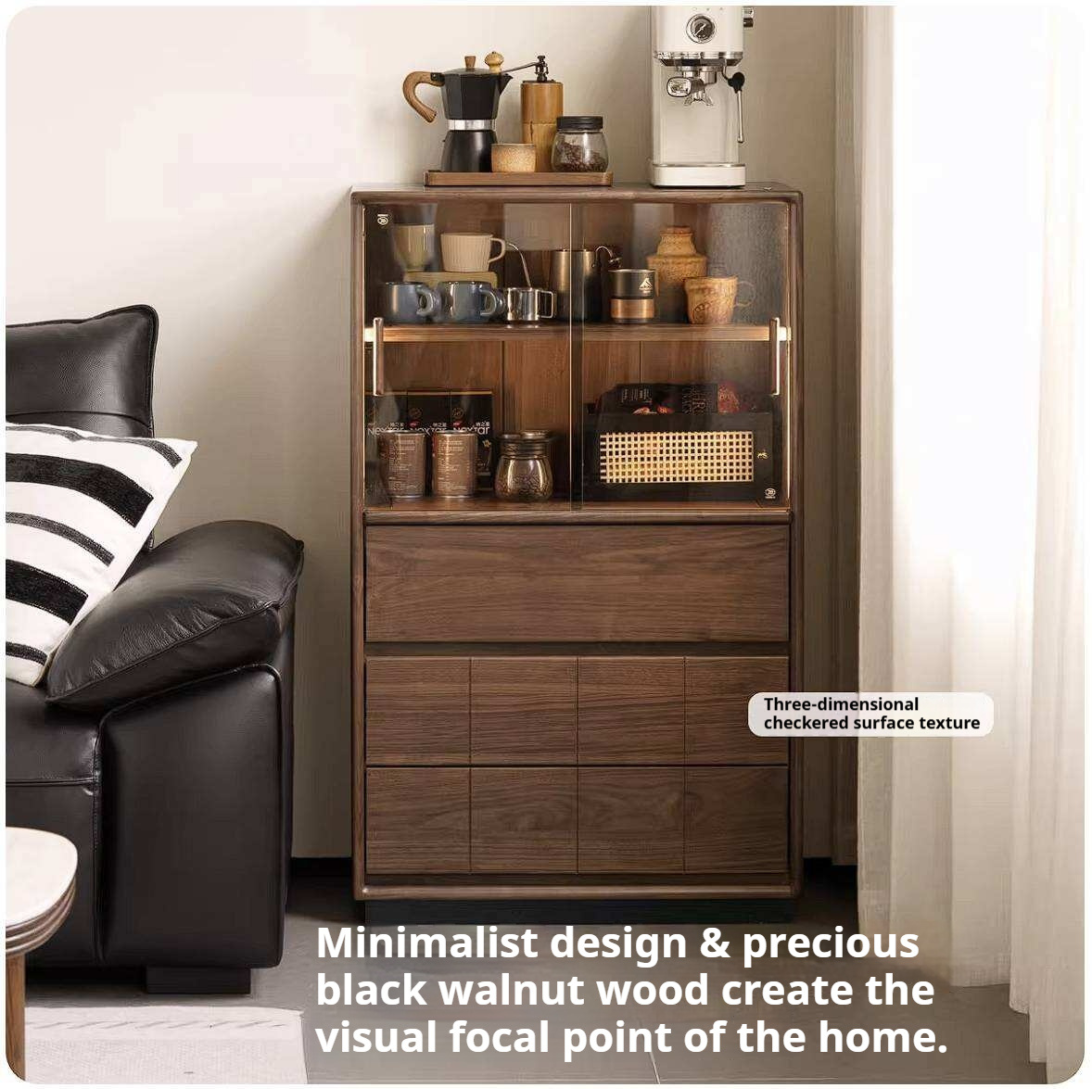 Black Walnut, Oak Solid Wood Side Cabinet with Integrated Lighting and Minimalist Design