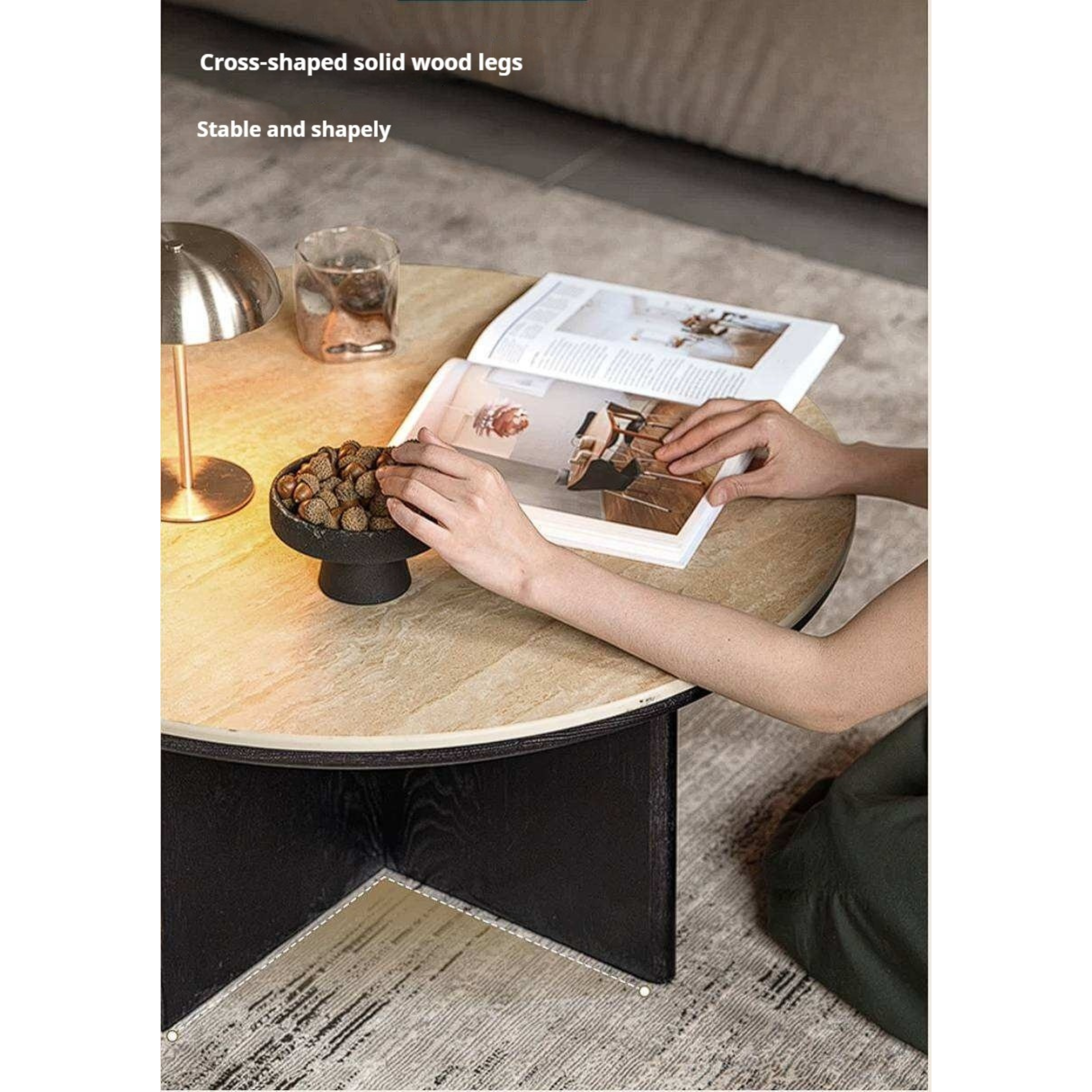 Ash Solid Wood Round Coffee Table with Slate Top and Modern Casual Design
