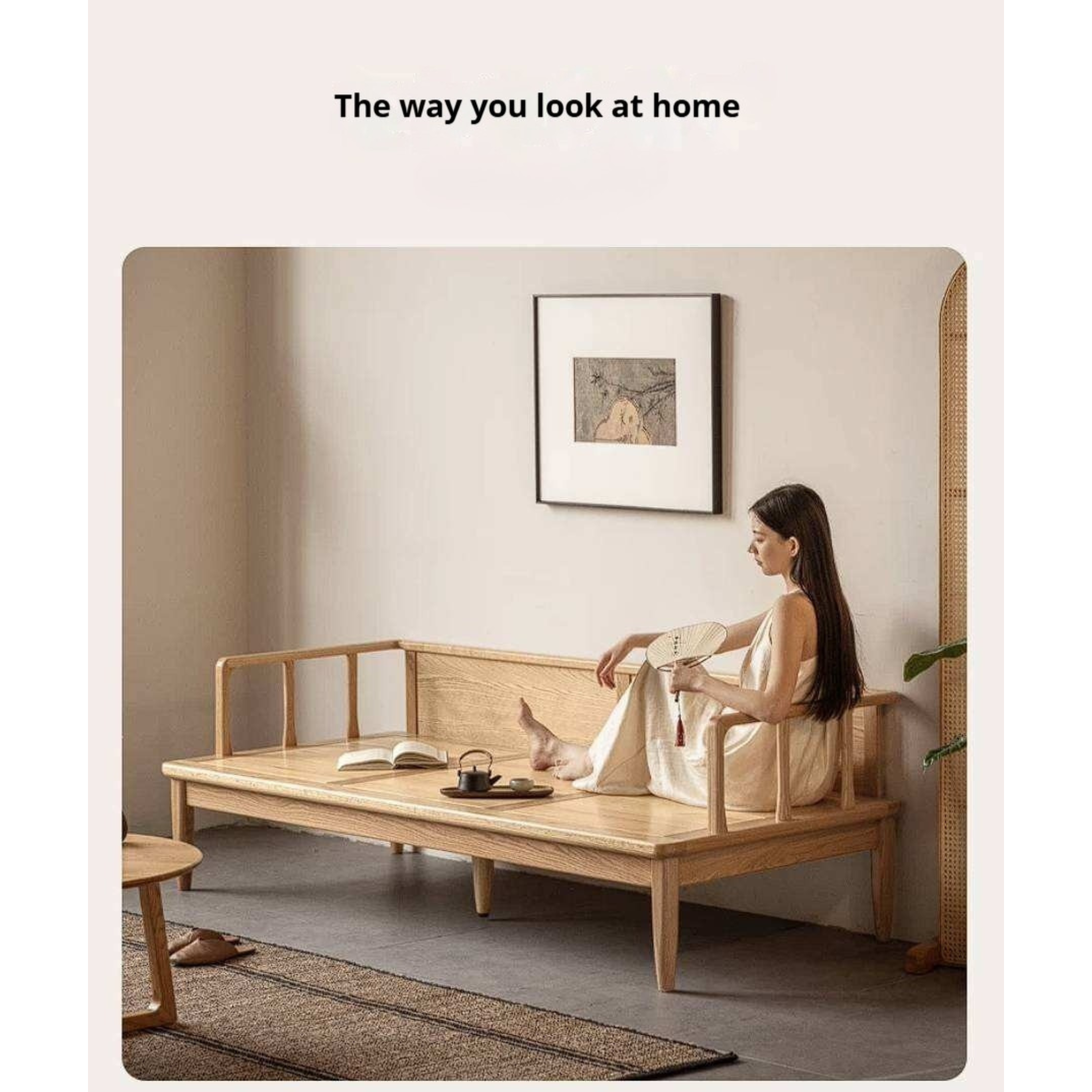 Oak Solid Wood Daybed Sofa with Removable Linen Cushions