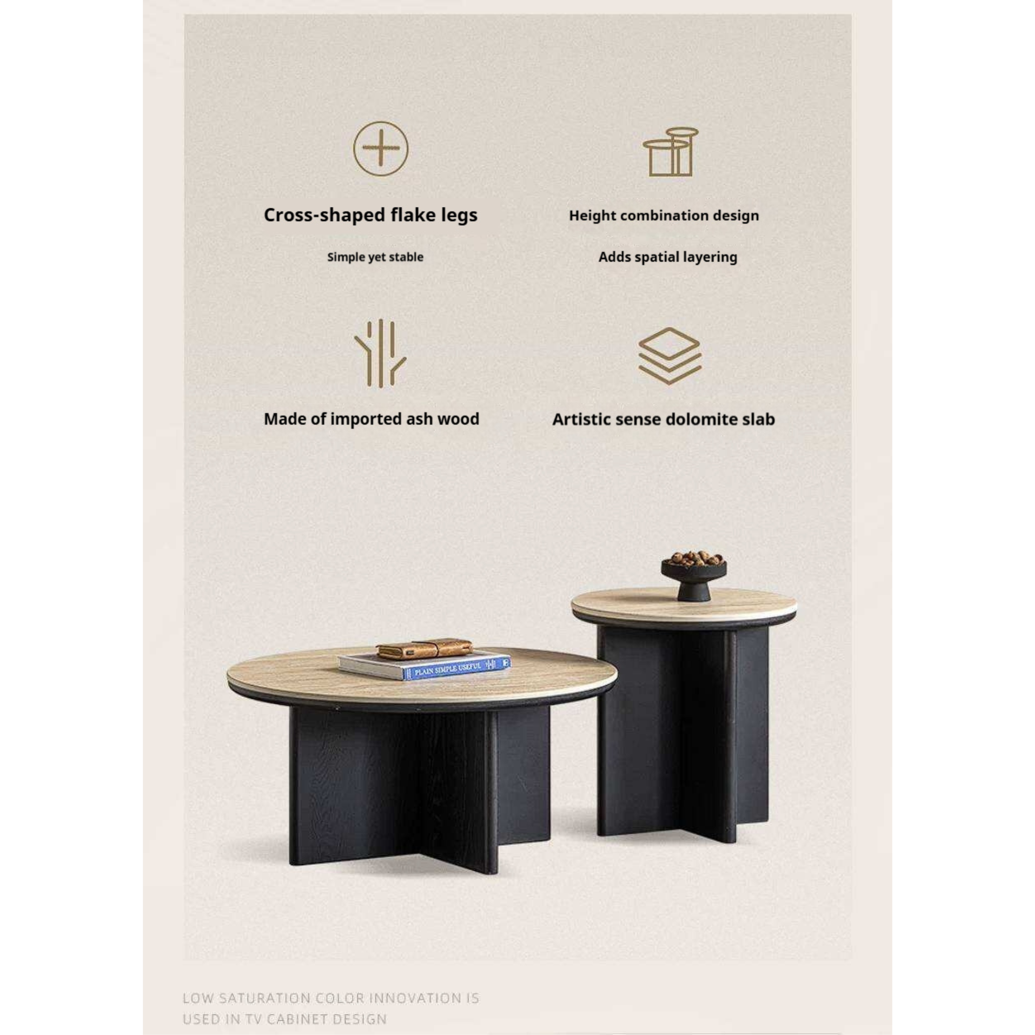 Ash Solid Wood Round Coffee Table with Slate Top and Modern Casual Design