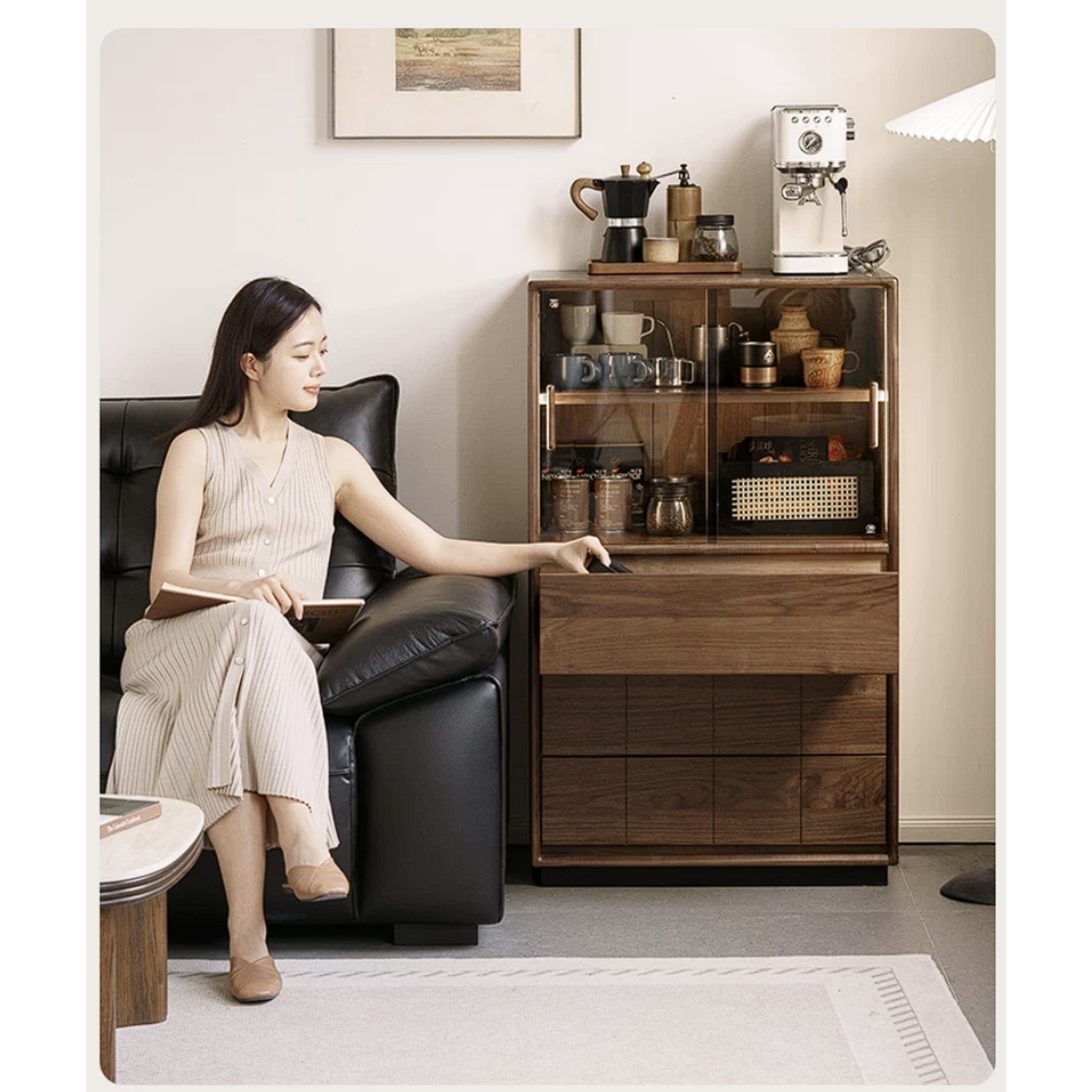Black Walnut, Oak Solid Wood Side Cabinet with Integrated Lighting and Minimalist Design