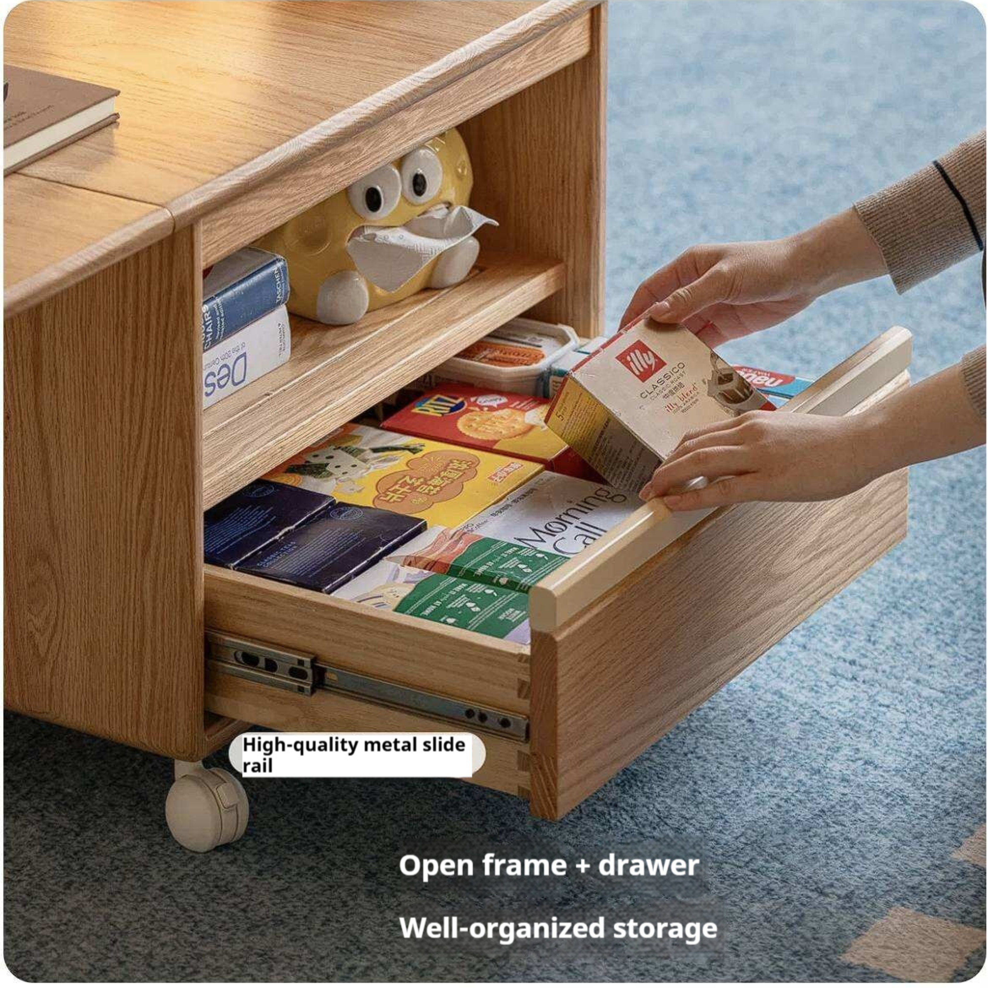 Oak Solid Wood Coffee Table with Foldable Design and Movable Base