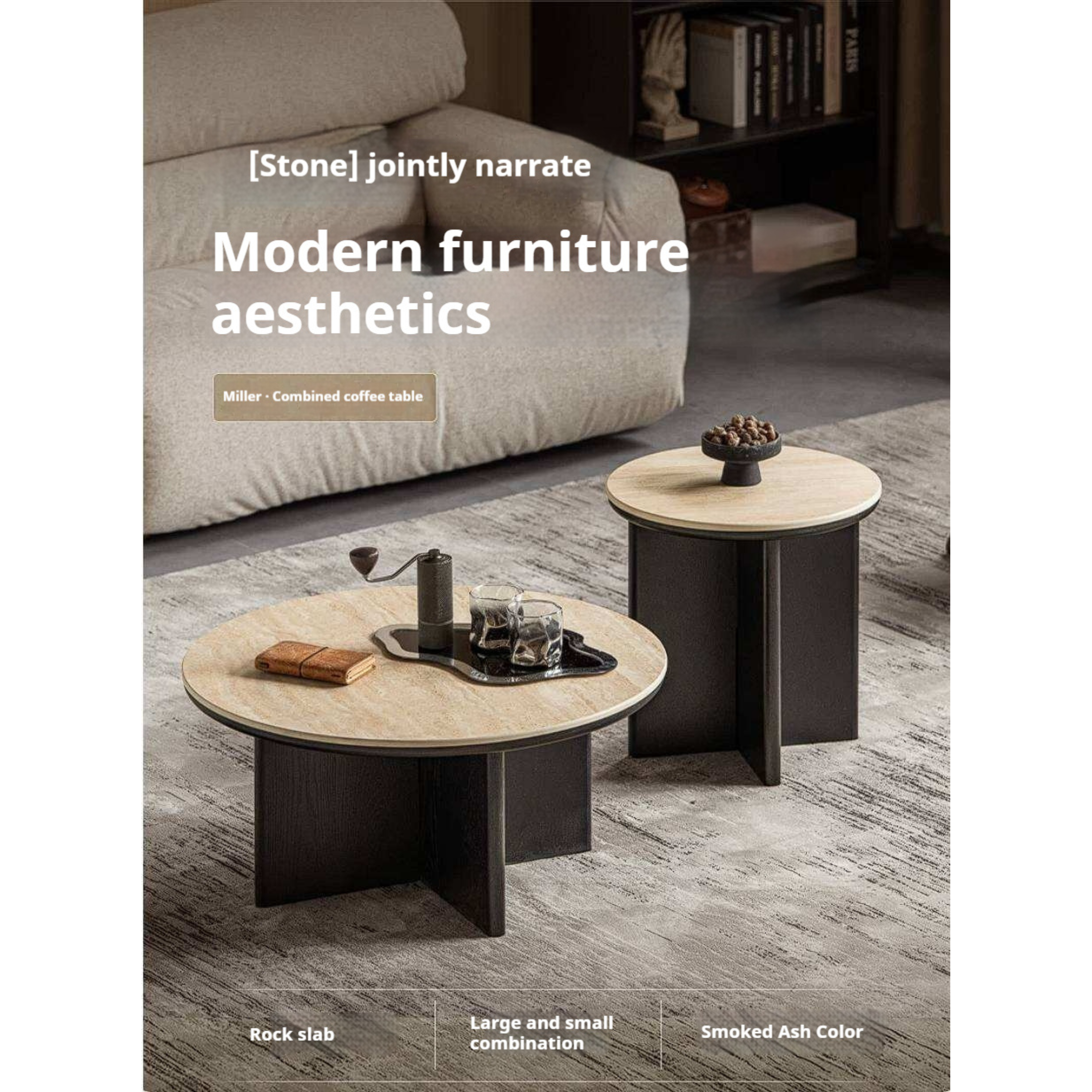 Ash Solid Wood Round Coffee Table with Slate Top and Modern Casual Design