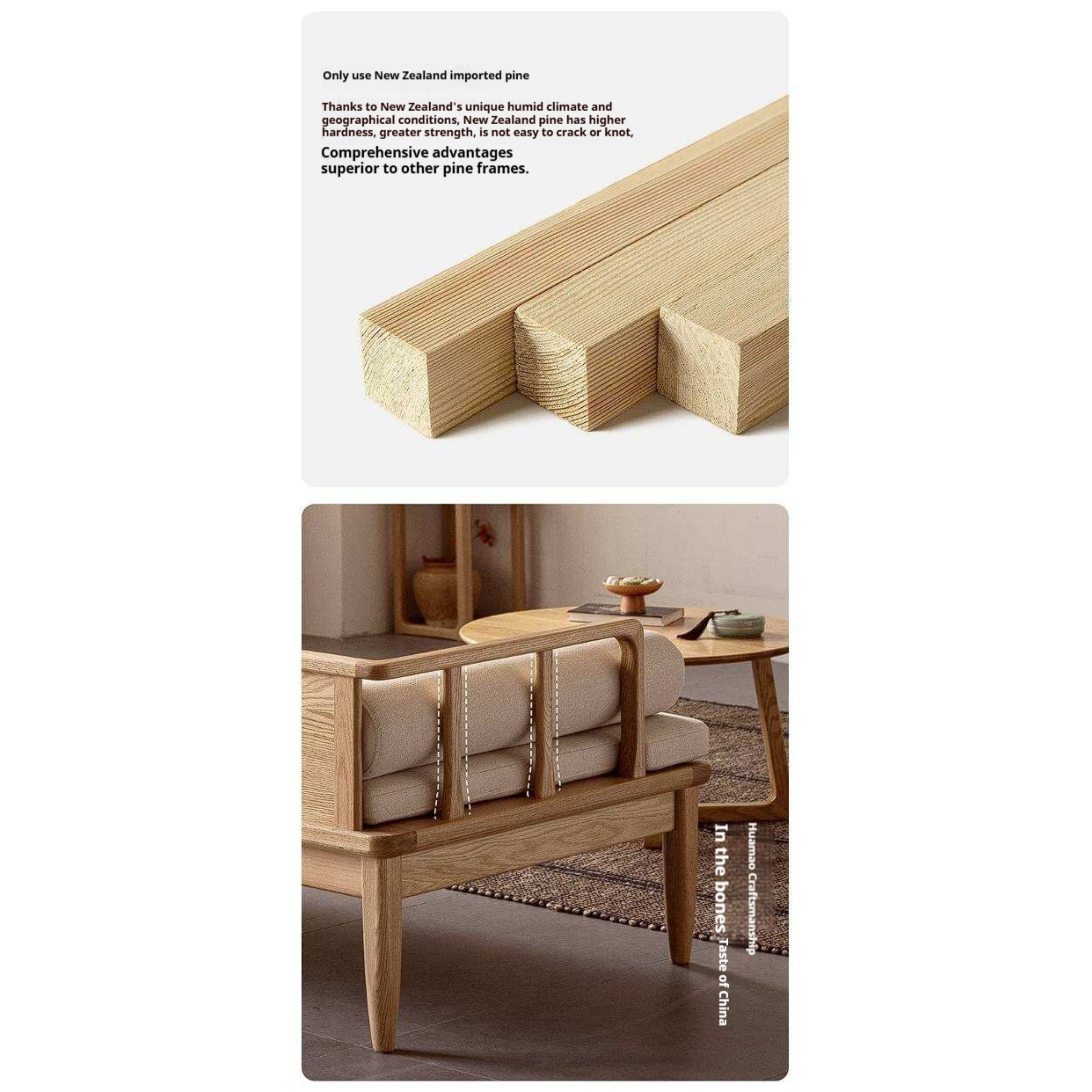 Oak Solid Wood Daybed Sofa with Removable Linen Cushions