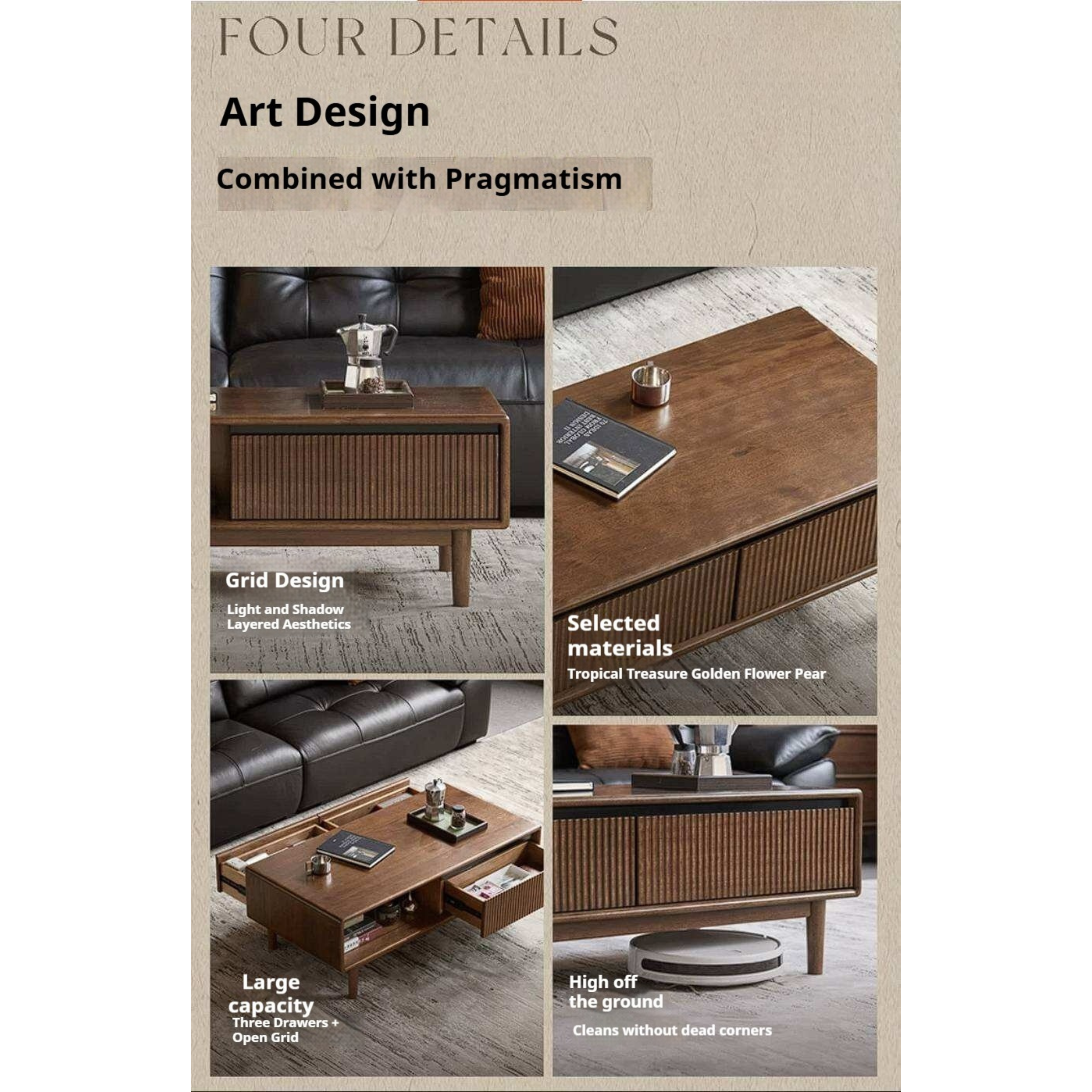 Golden Pearwood Solid Wood Rectangular Coffee Table with Modern Italian Style