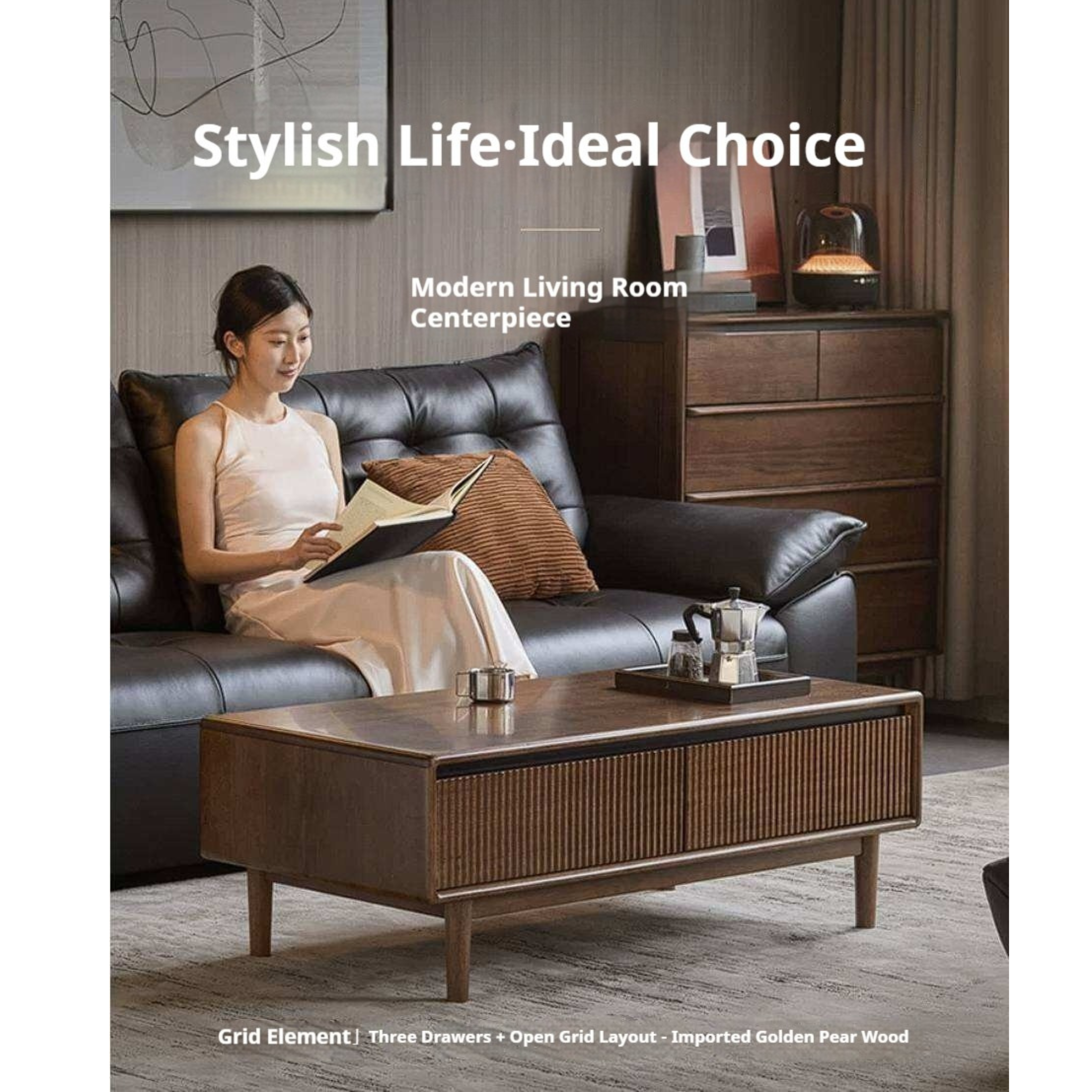 Golden Pearwood Solid Wood Rectangular Coffee Table with Modern Italian Style