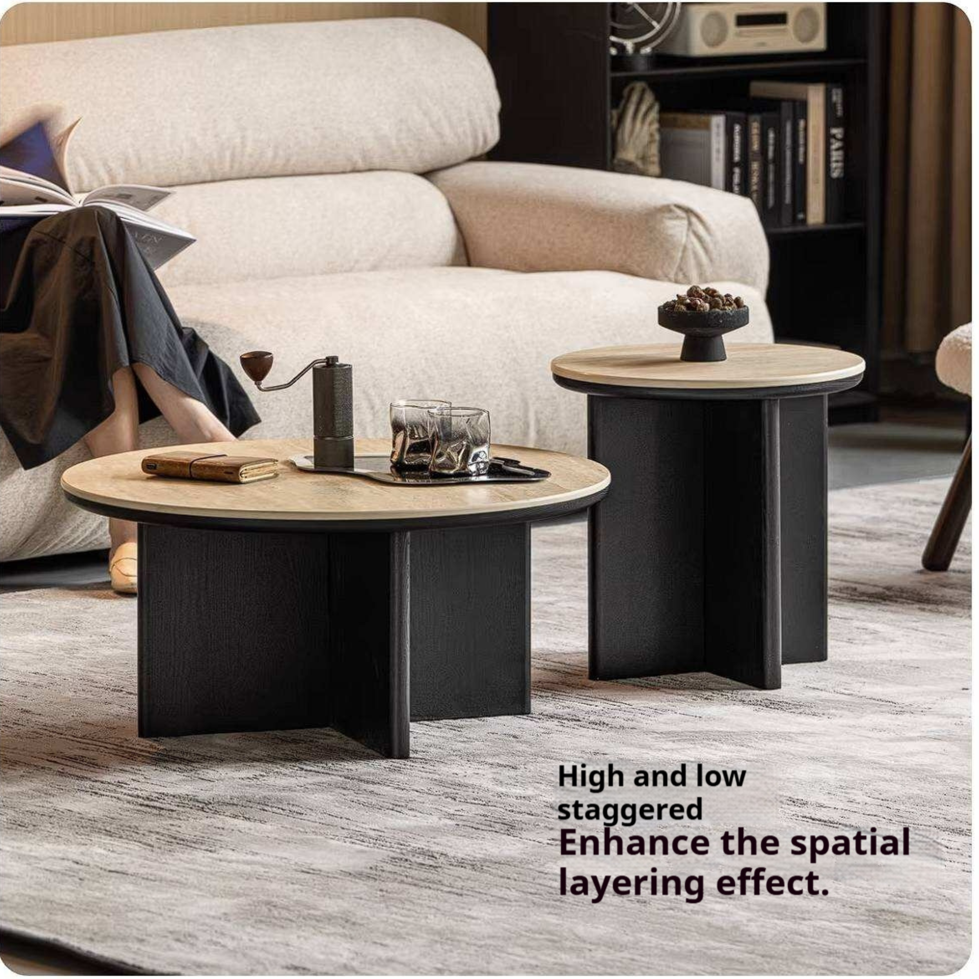 Ash Solid Wood Round Coffee Table with Slate Top and Modern Casual Design