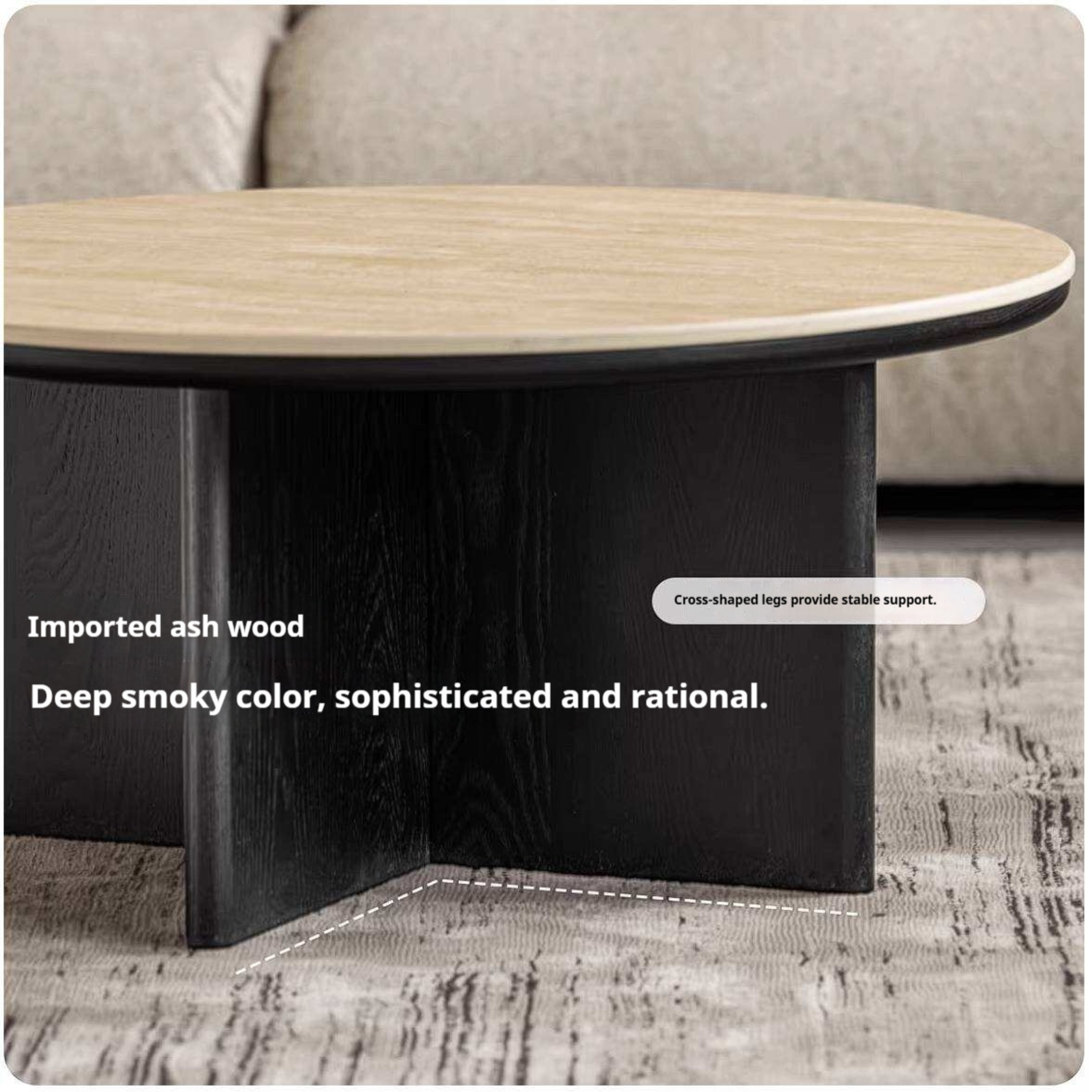 Ash Solid Wood Round Coffee Table with Slate Top and Modern Casual Design