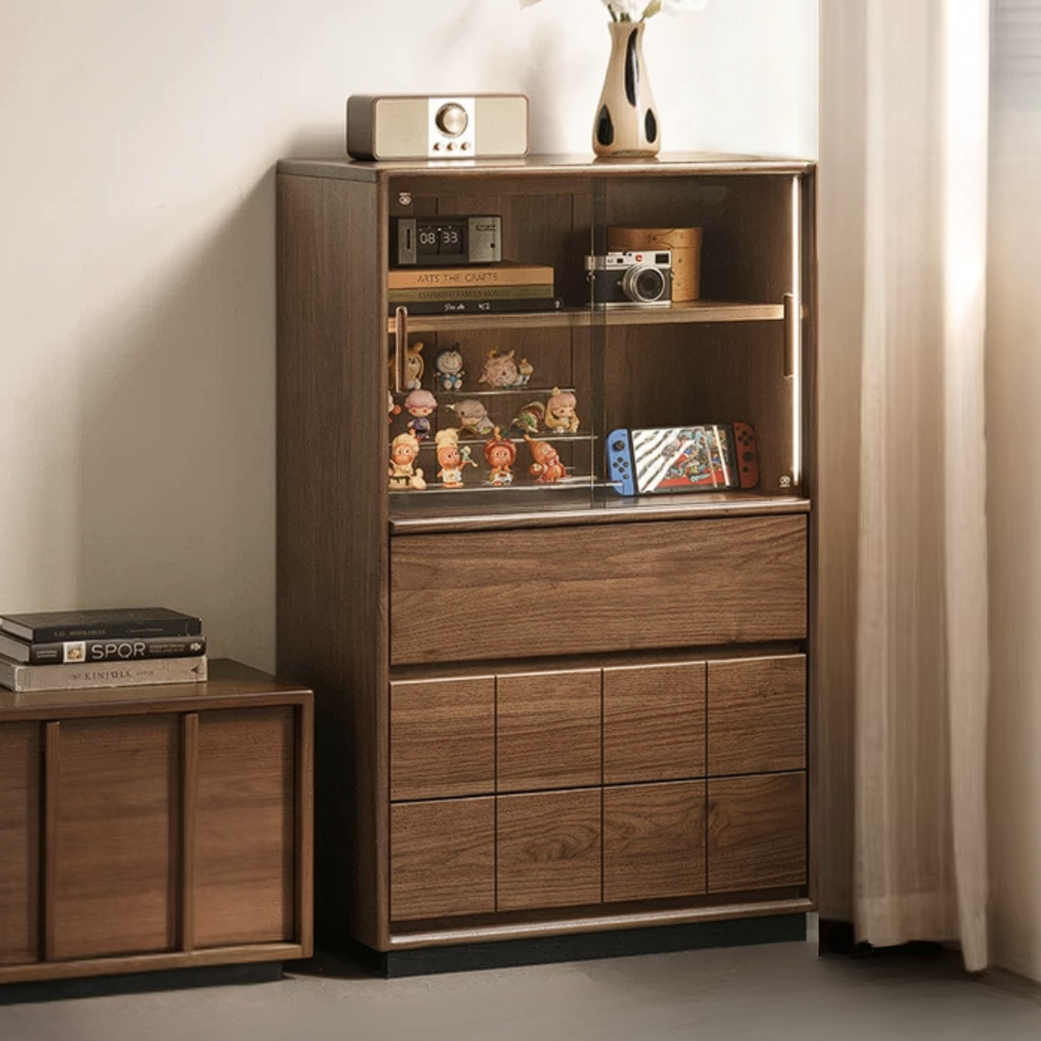 Black Walnut, Oak Solid Wood Side Cabinet with Integrated Lighting and Minimalist Design