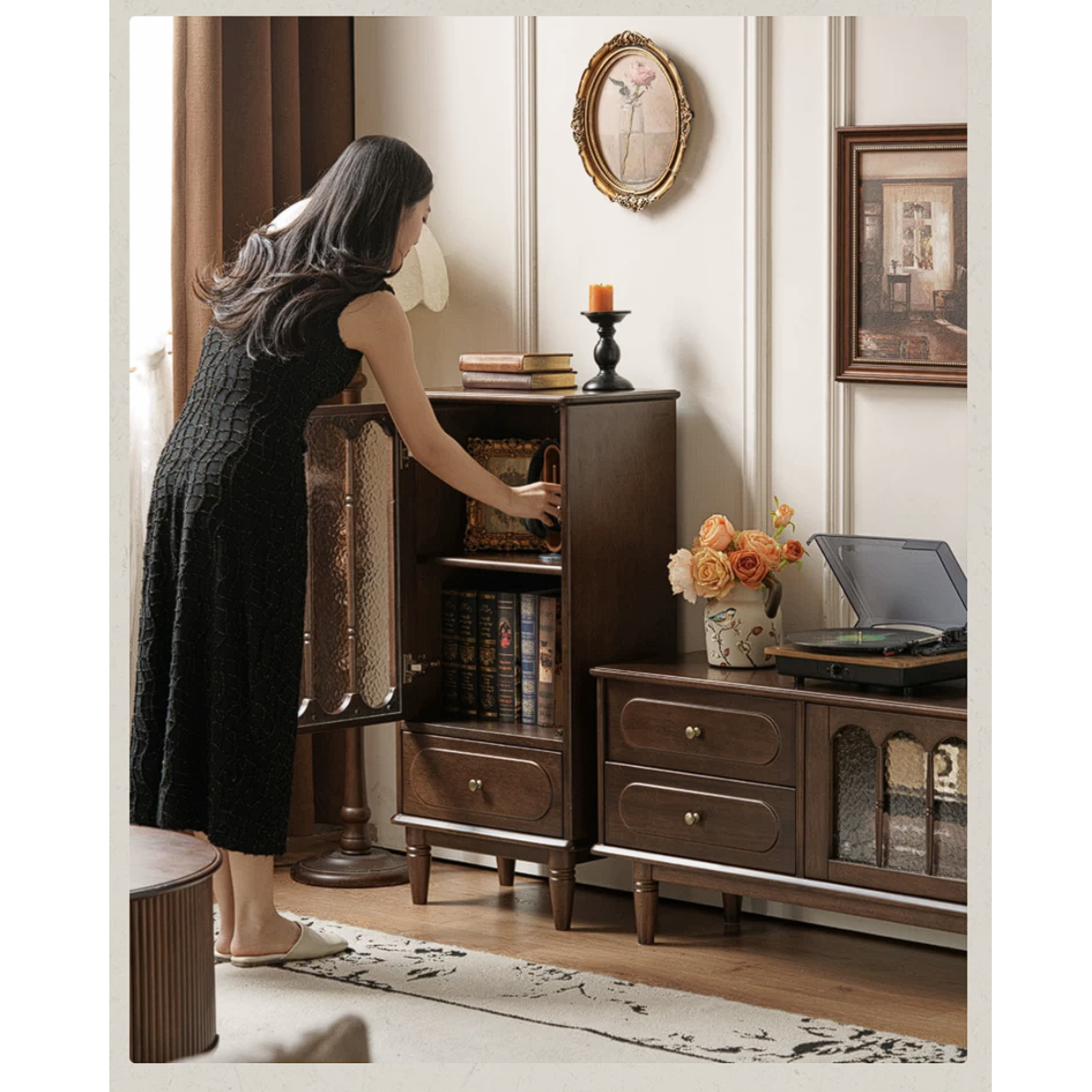 Golden Pearwood Solid Wood Side Cabinet French Retro Design