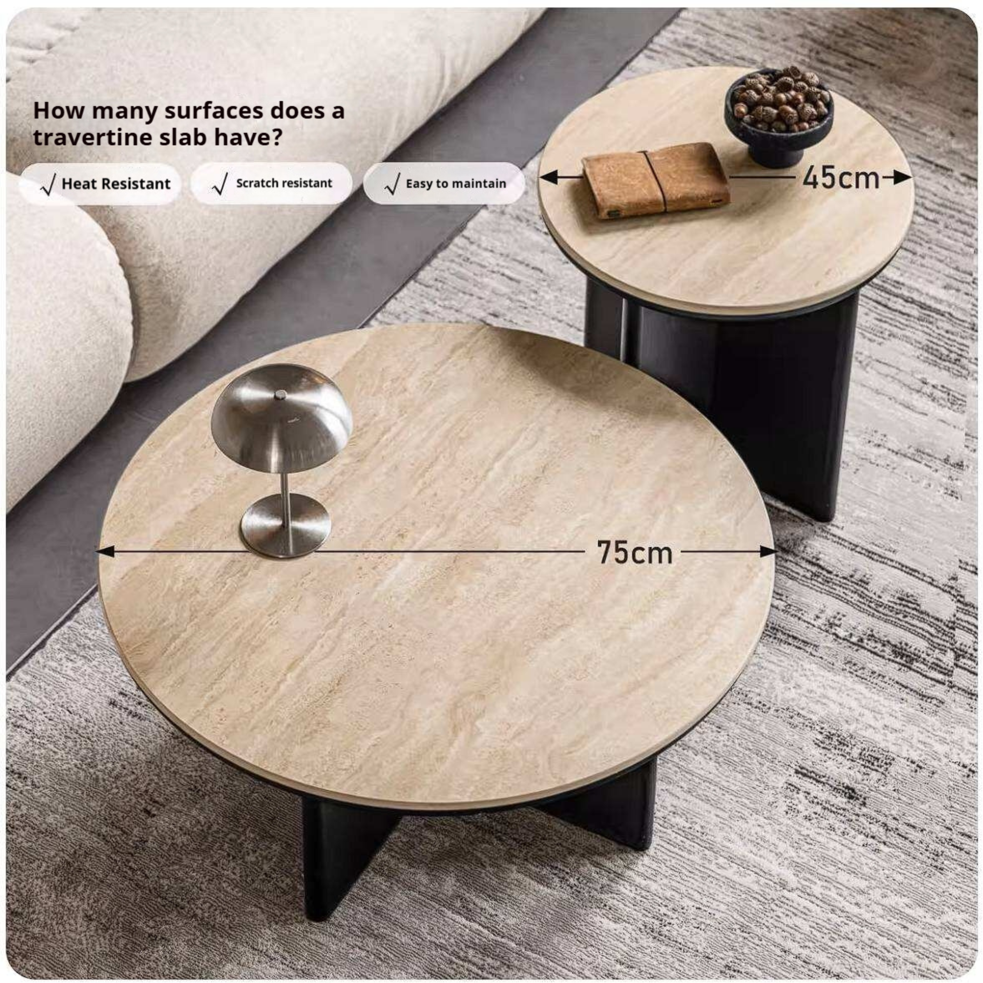 Ash Solid Wood Round Coffee Table with Slate Top and Modern Casual Design