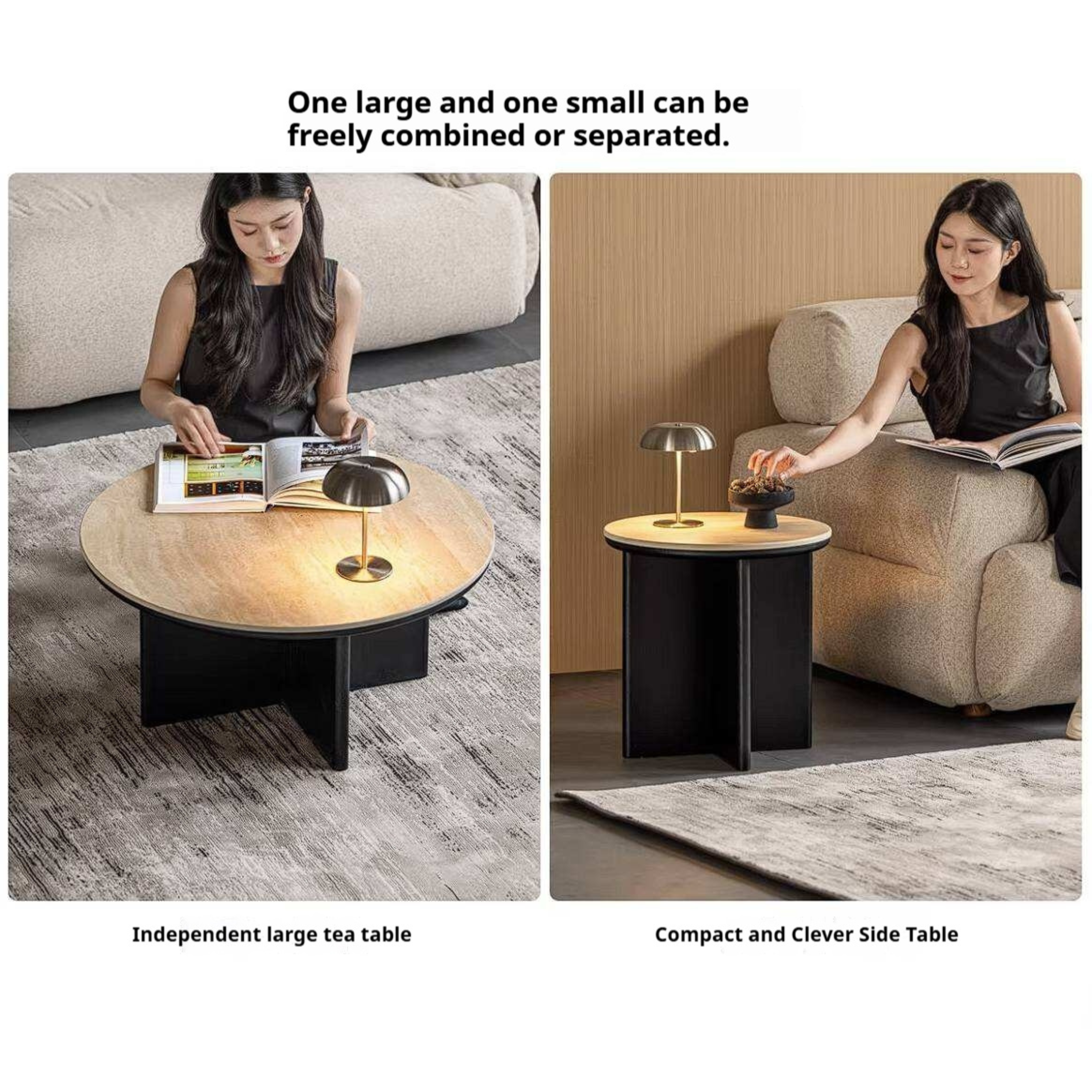 Ash Solid Wood Round Coffee Table with Slate Top and Modern Casual Design