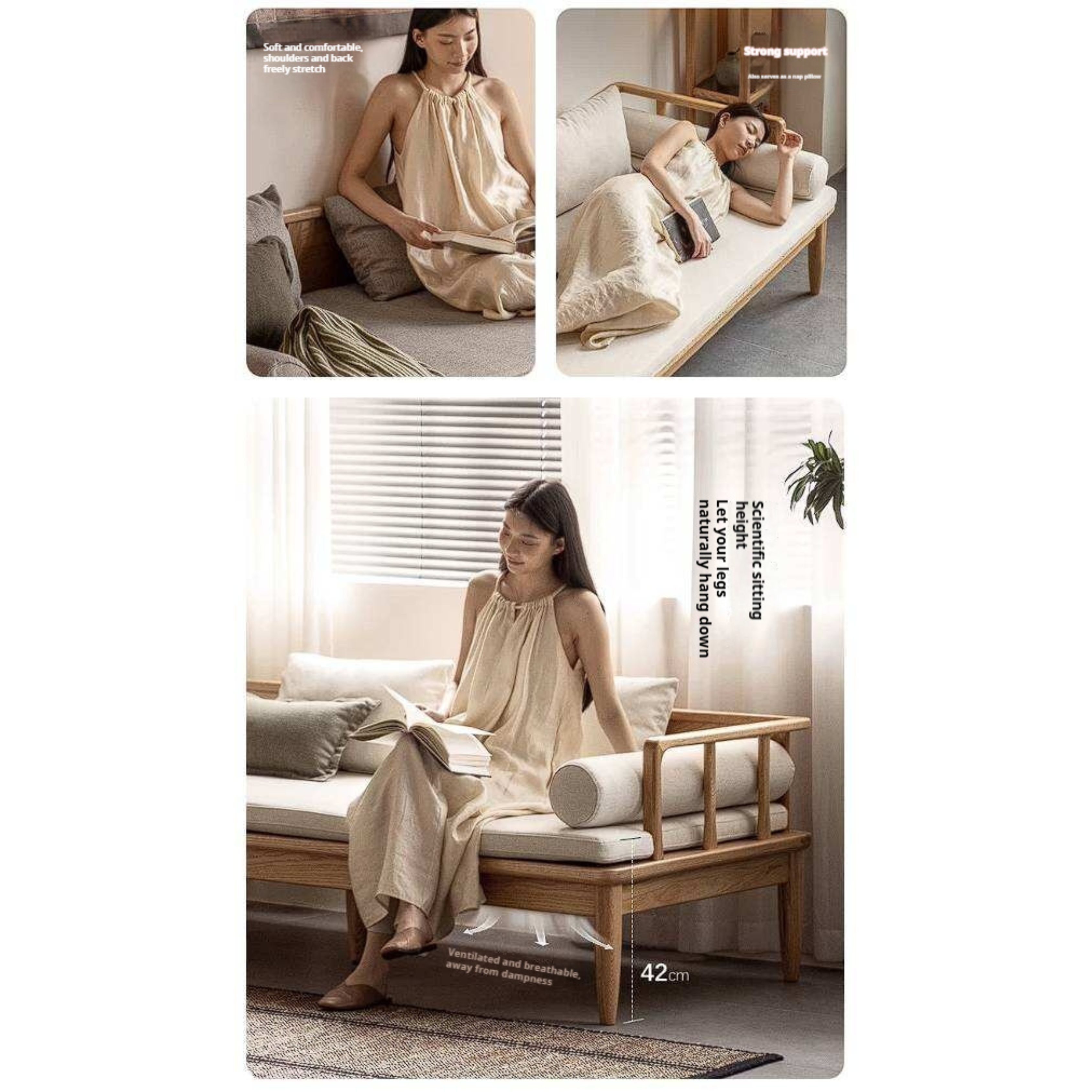 Oak Solid Wood Daybed Sofa with Removable Linen Cushions