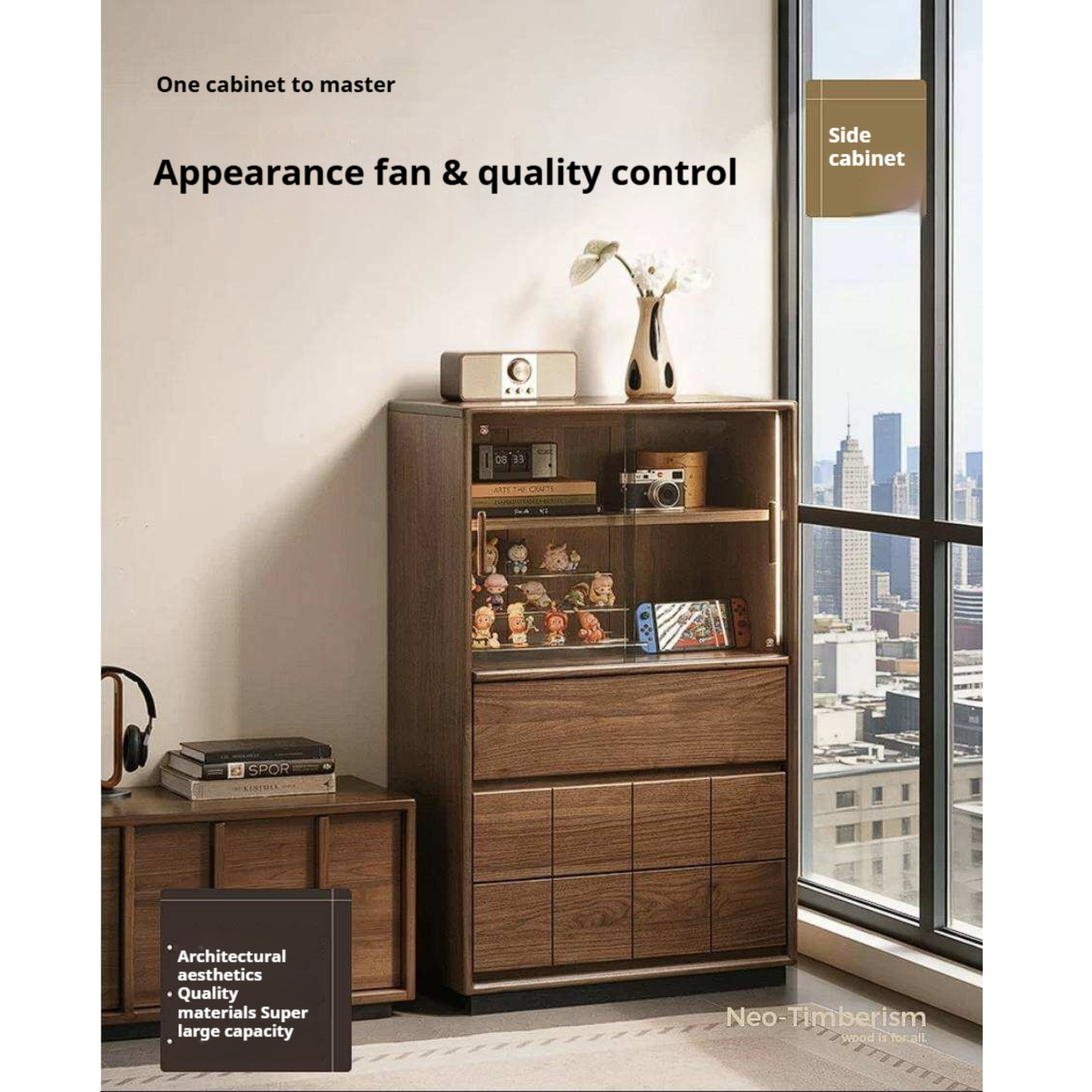 Black Walnut, Oak Solid Wood Side Cabinet with Integrated Lighting and Minimalist Design