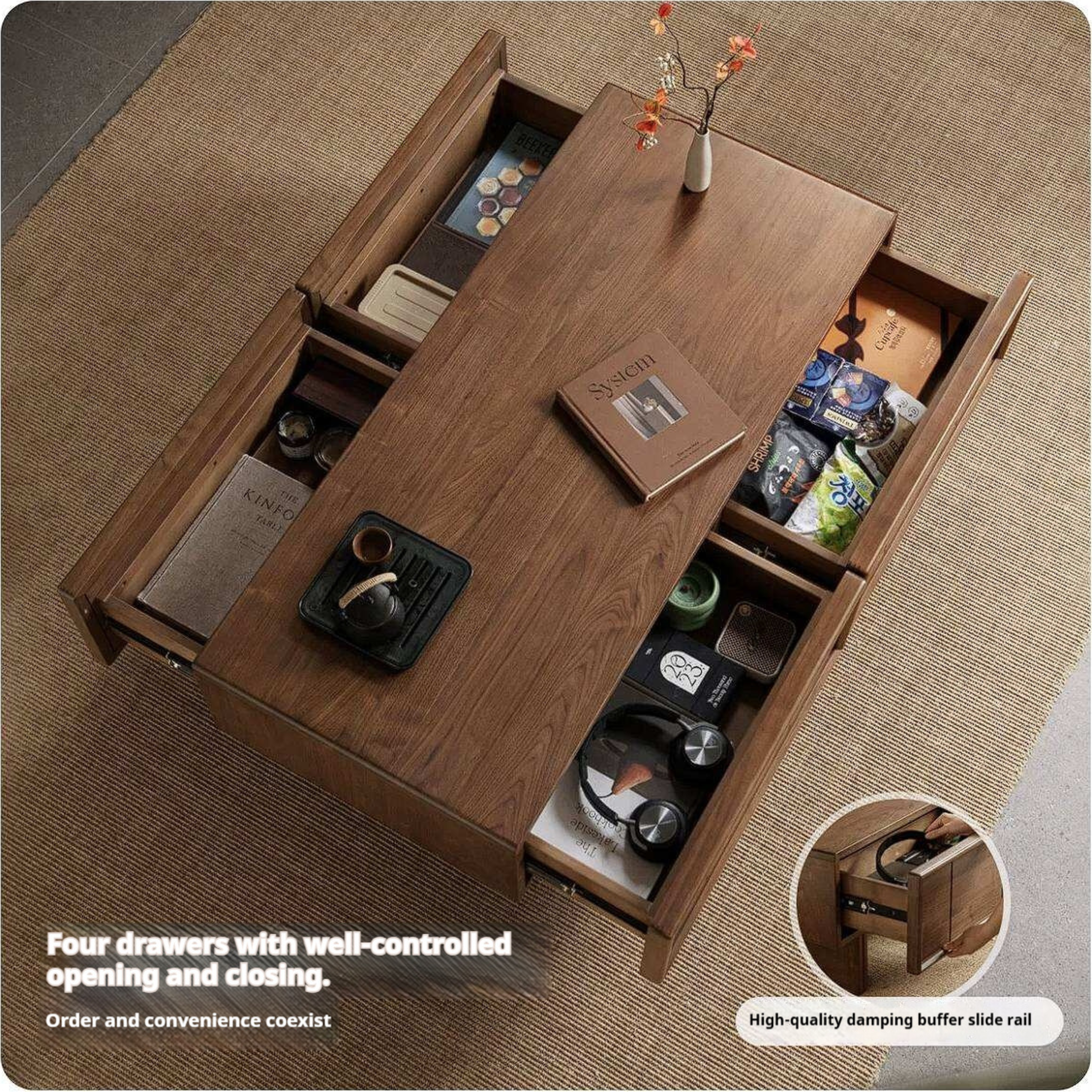 Black Walnut Solid Wood Coffee Table with Storage