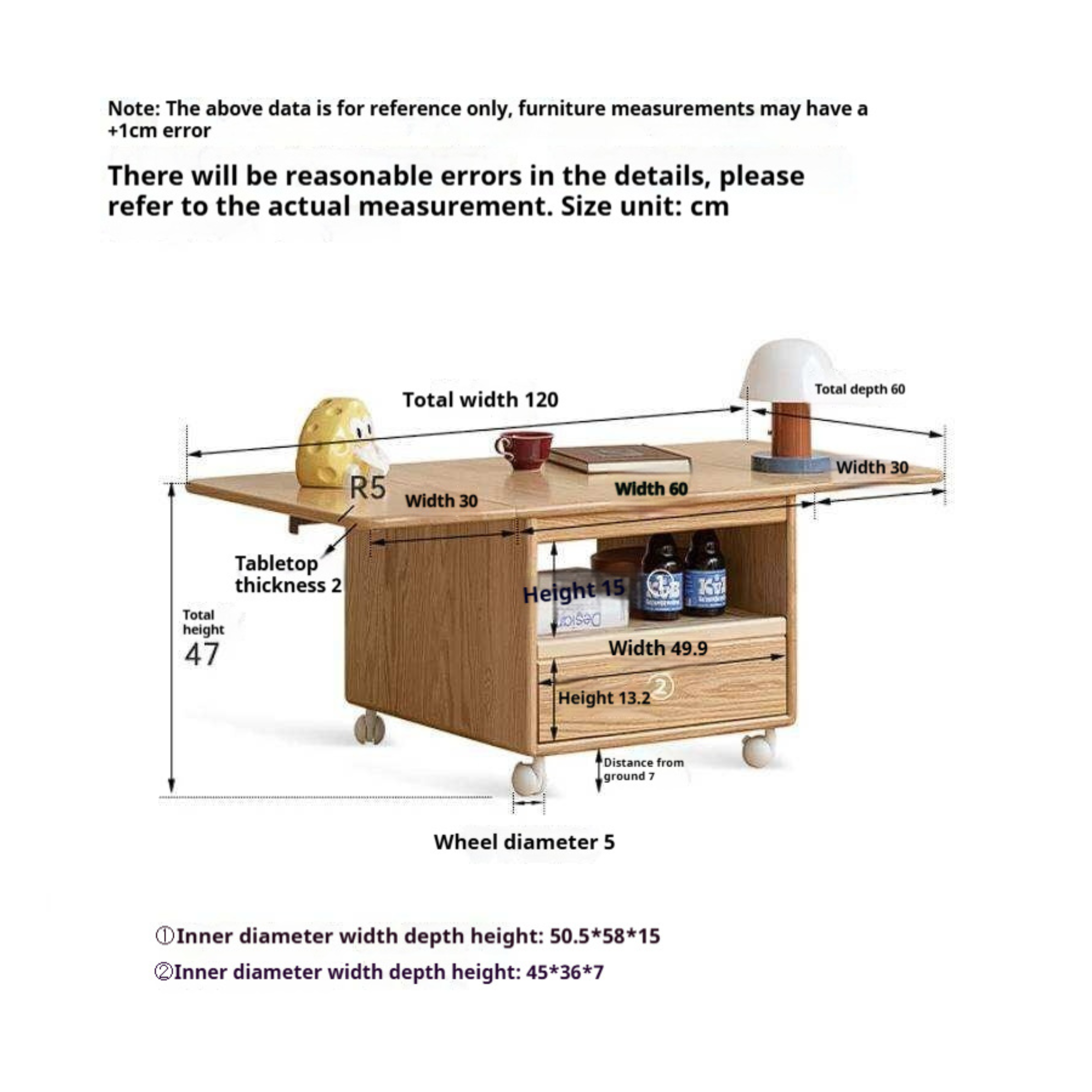 Oak Solid Wood Coffee Table with Foldable Design and Movable Base