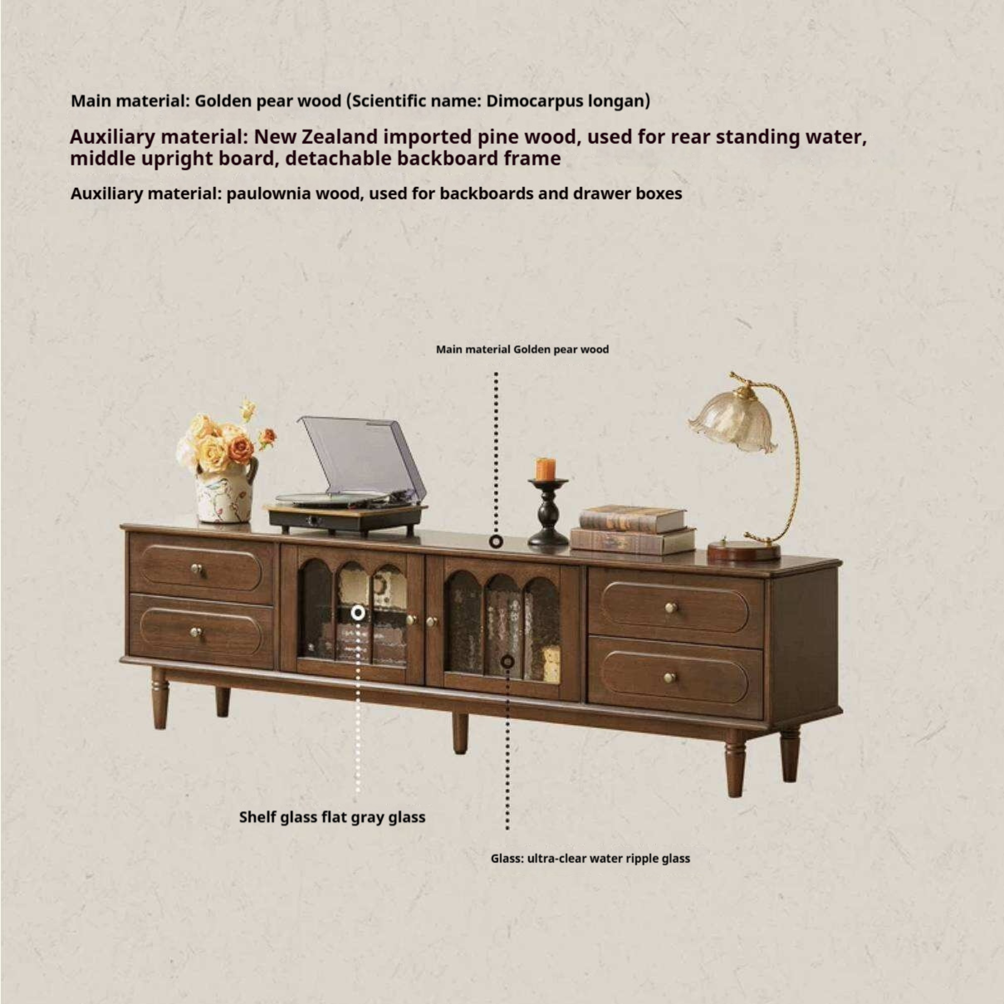 Golden Pearwood Solid Wood TV Stand French Retro Design
