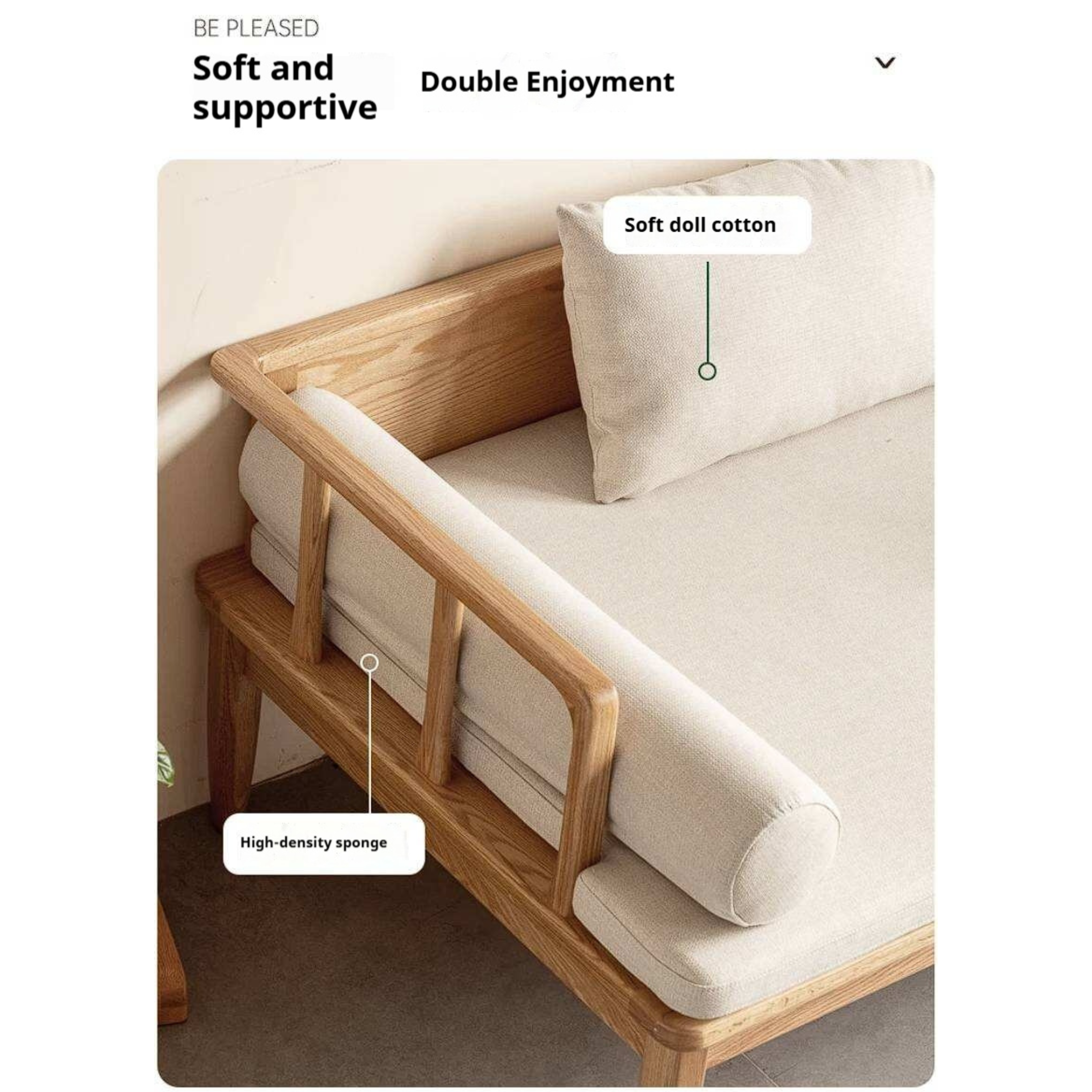Oak Solid Wood Daybed Sofa with Removable Linen Cushions