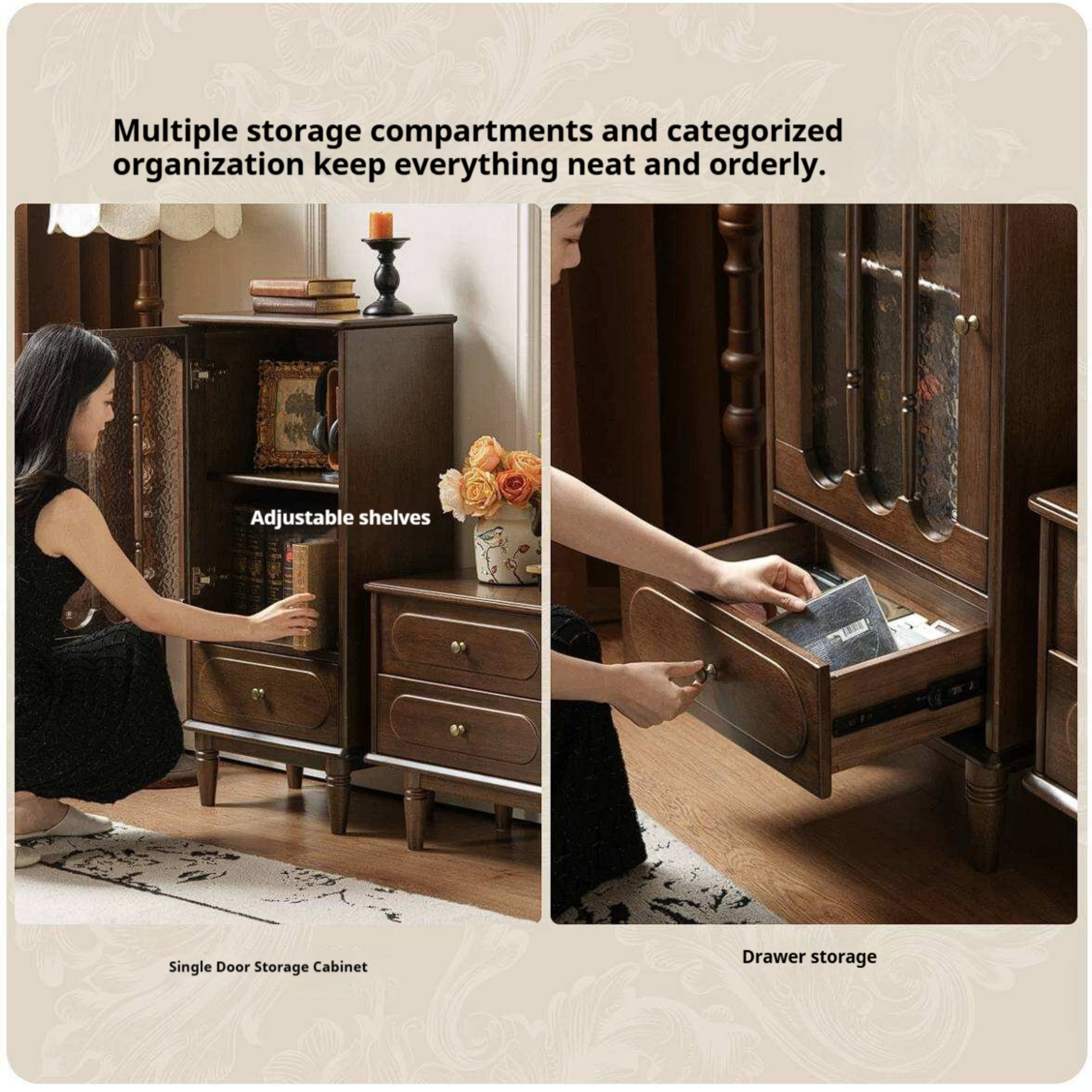 Golden Pearwood Solid Wood Side Cabinet French Retro Design