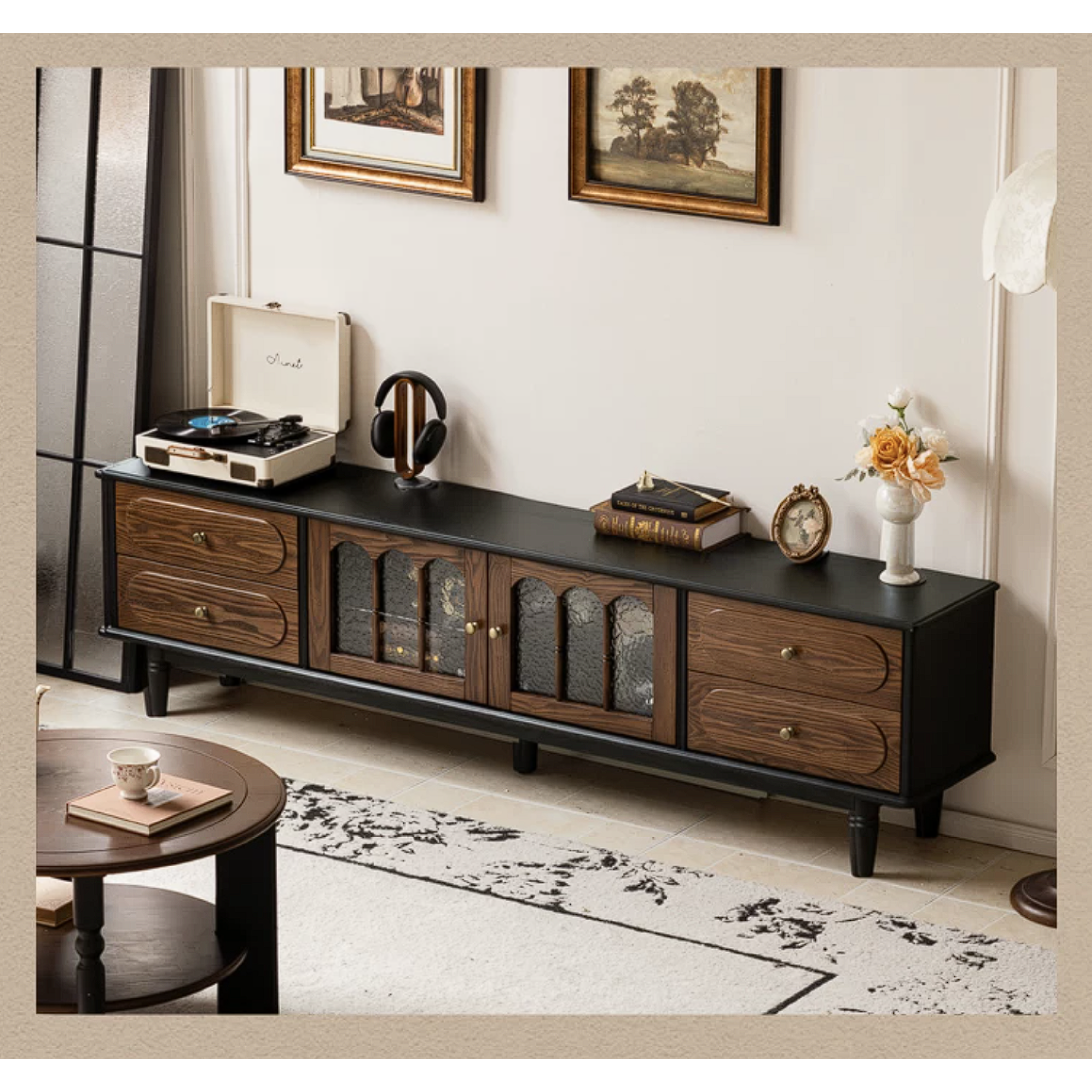 Ash Solid Wood TV Cabinet with Tall Storage and French Retro Design