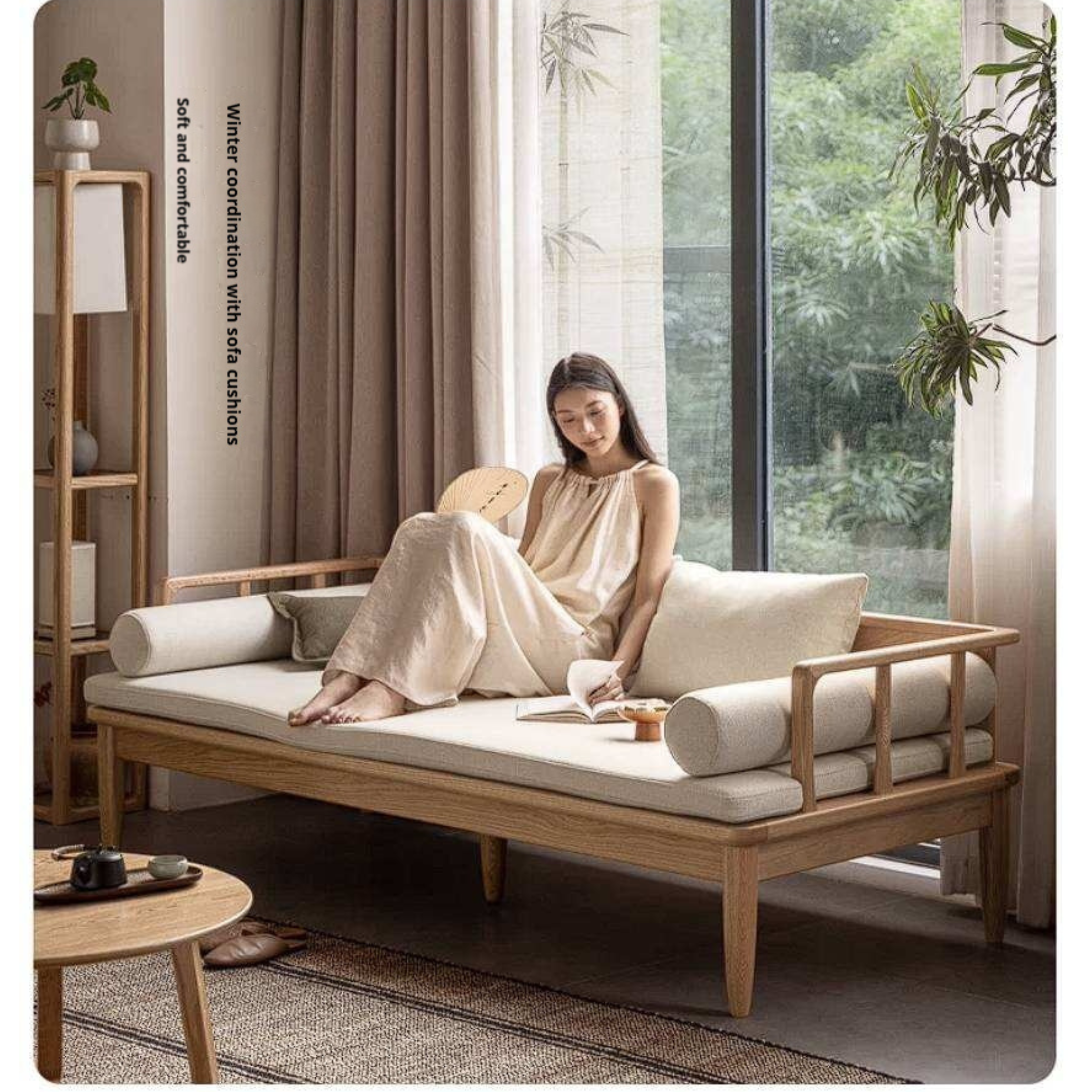 Oak Solid Wood Daybed Sofa with Removable Linen Cushions
