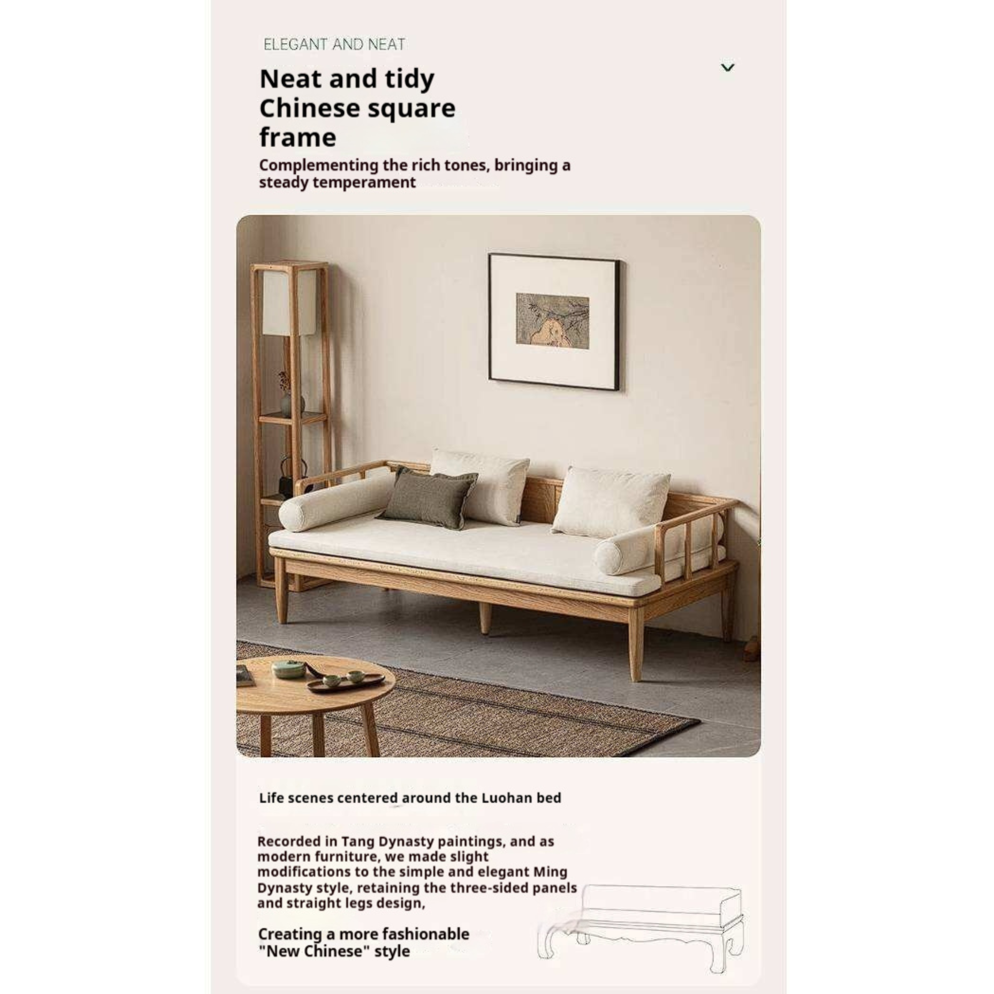 Oak Solid Wood Daybed Sofa with Removable Linen Cushions