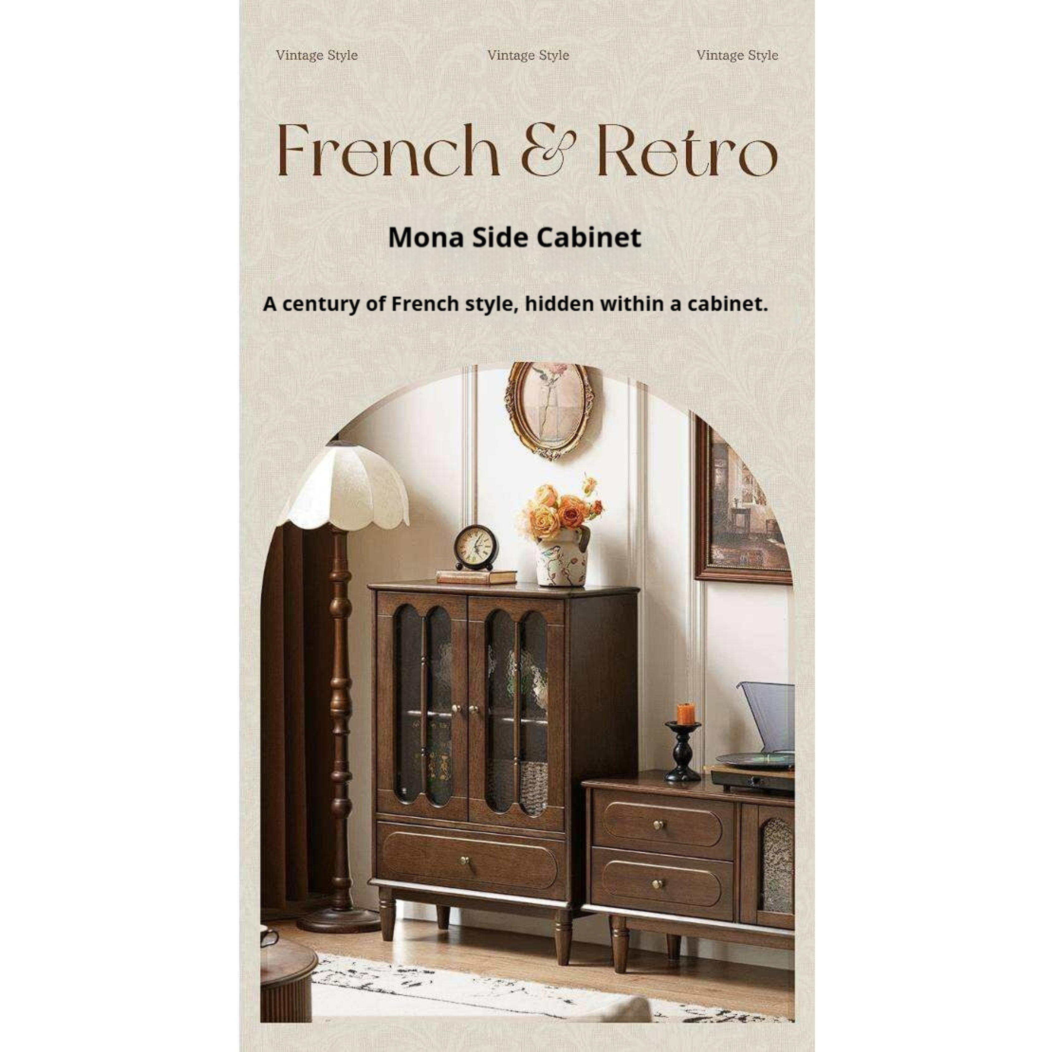 Golden Pearwood Solid Wood Side Cabinet French Retro Design