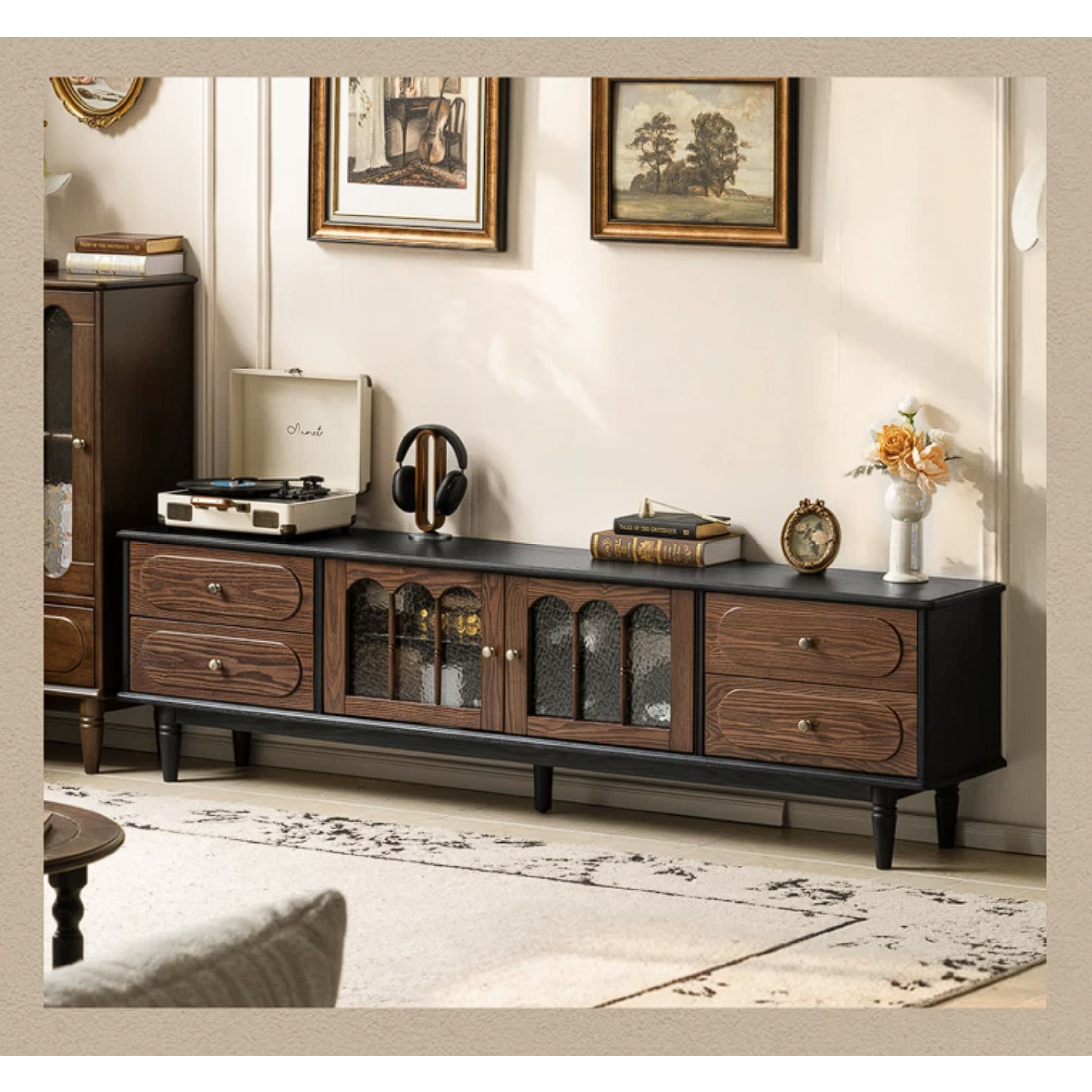 Ash Solid Wood TV Cabinet with Tall Storage and French Retro Design