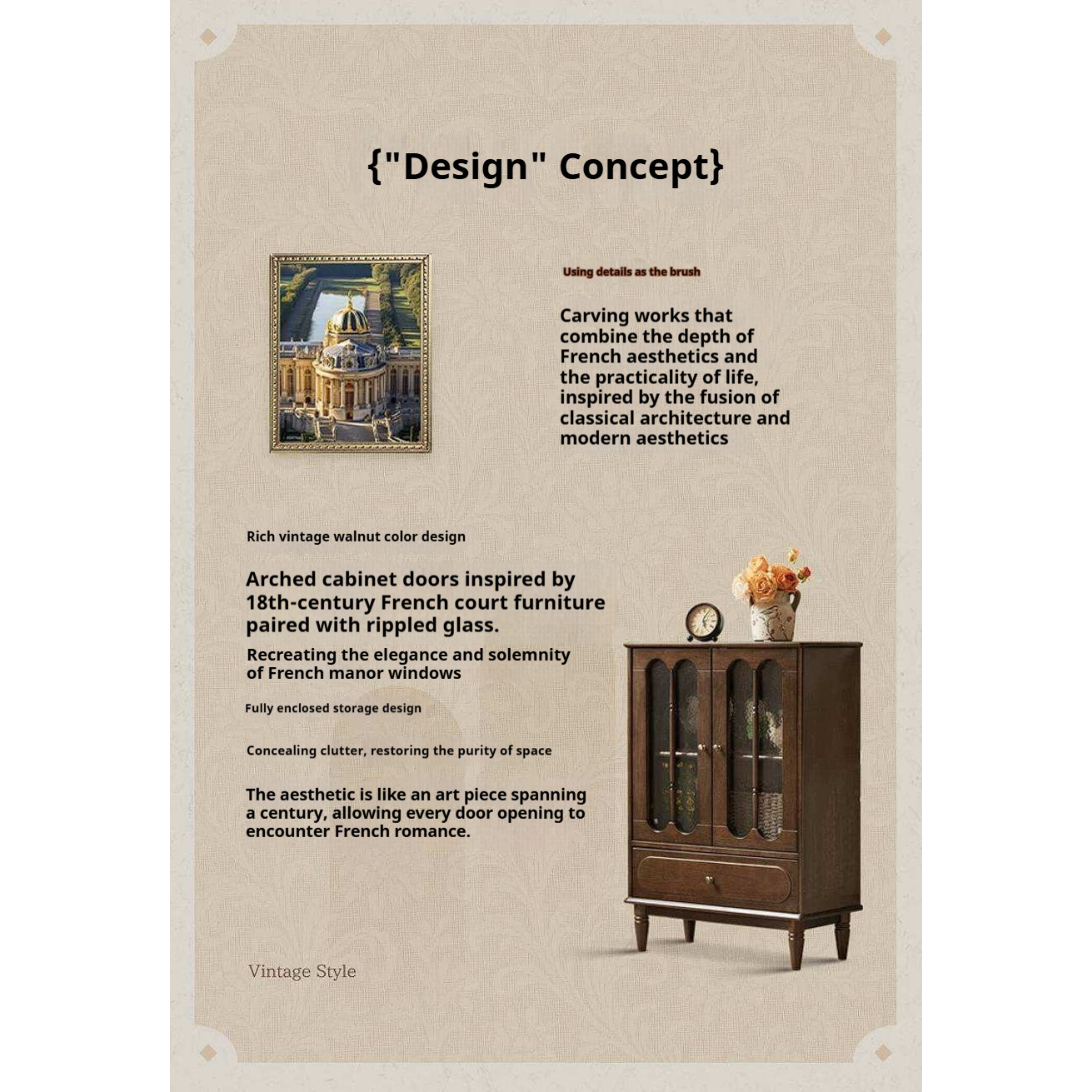 Golden Pearwood Solid Wood Side Cabinet French Retro Design