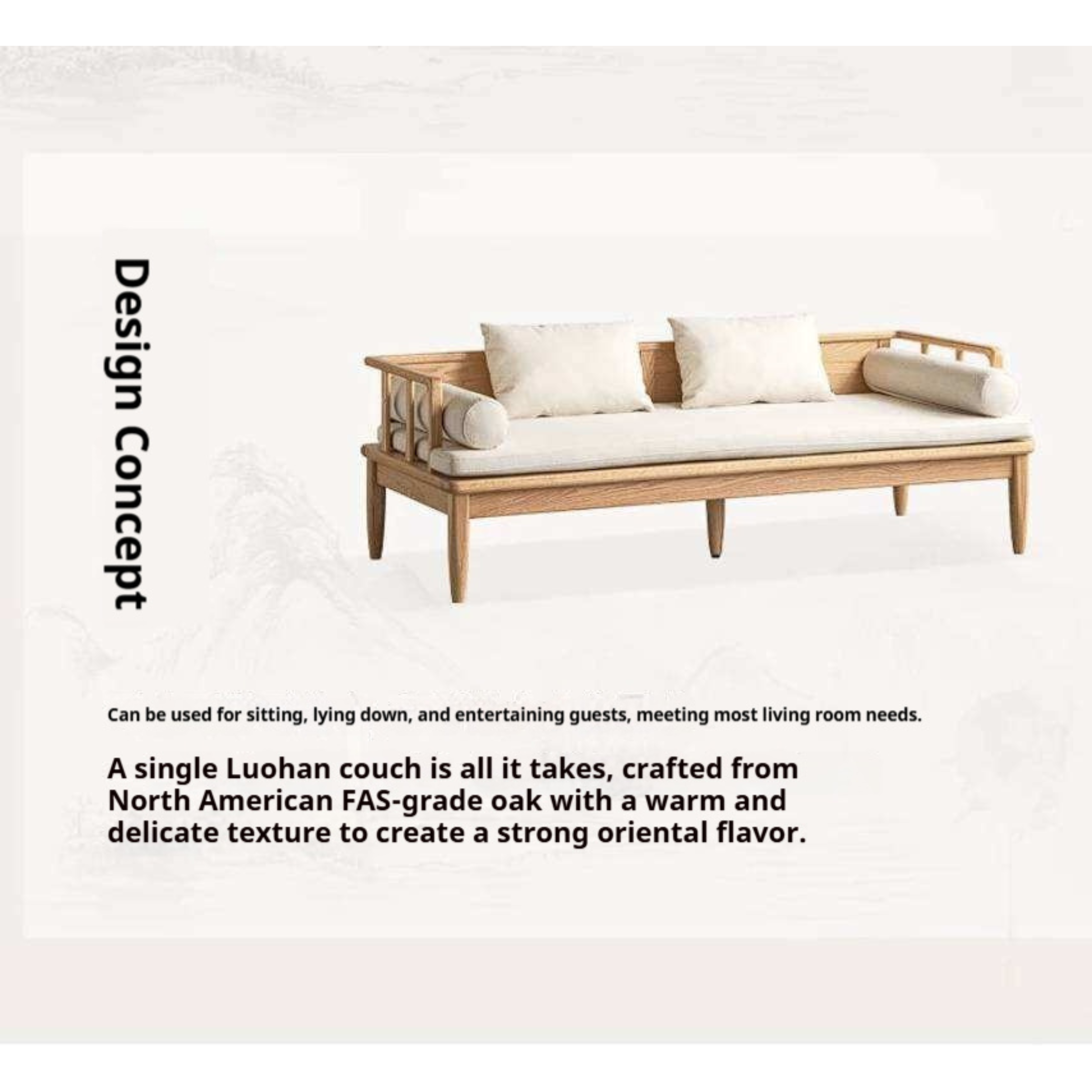 Oak Solid Wood Daybed Sofa with Removable Linen Cushions