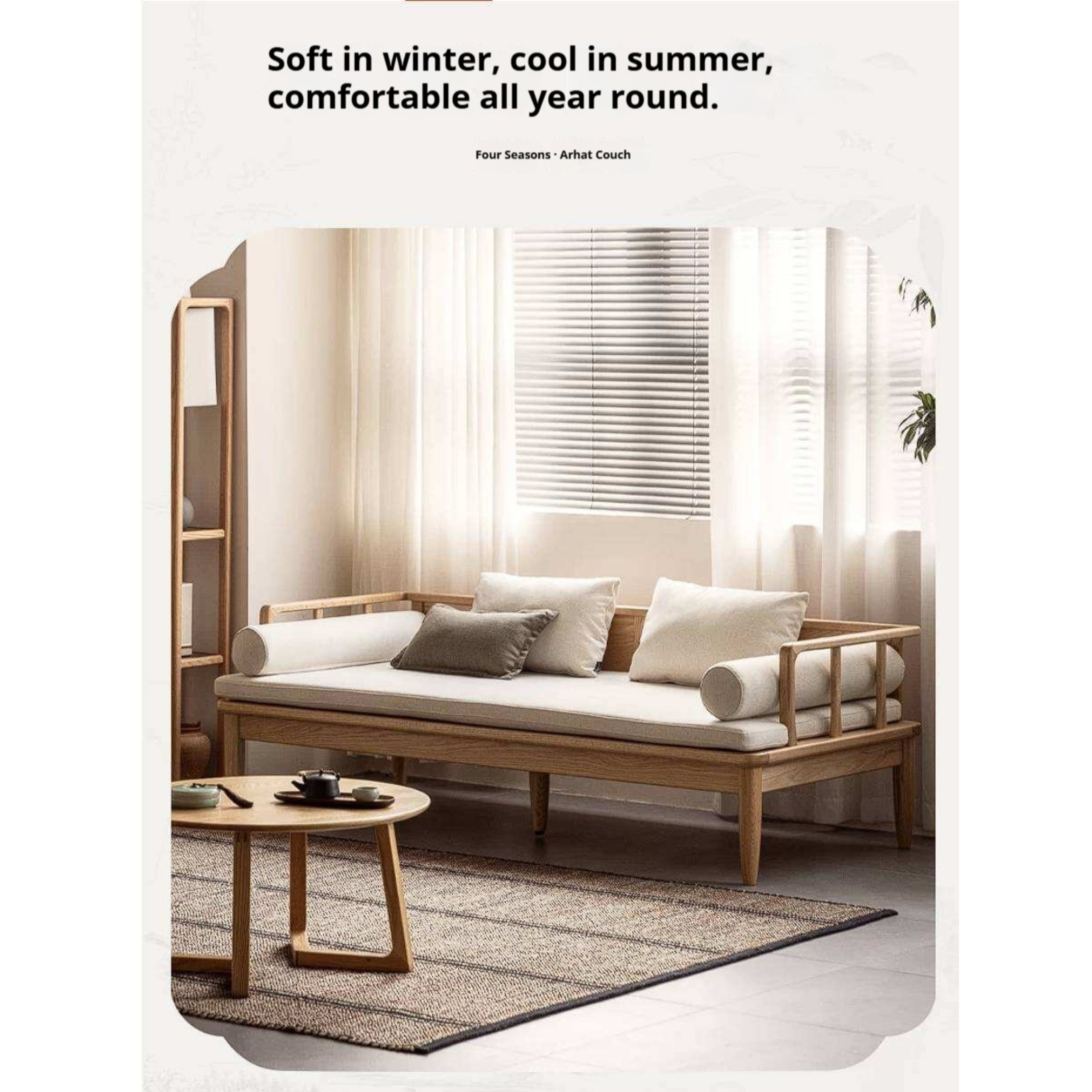 Oak Solid Wood Daybed Sofa with Removable Linen Cushions