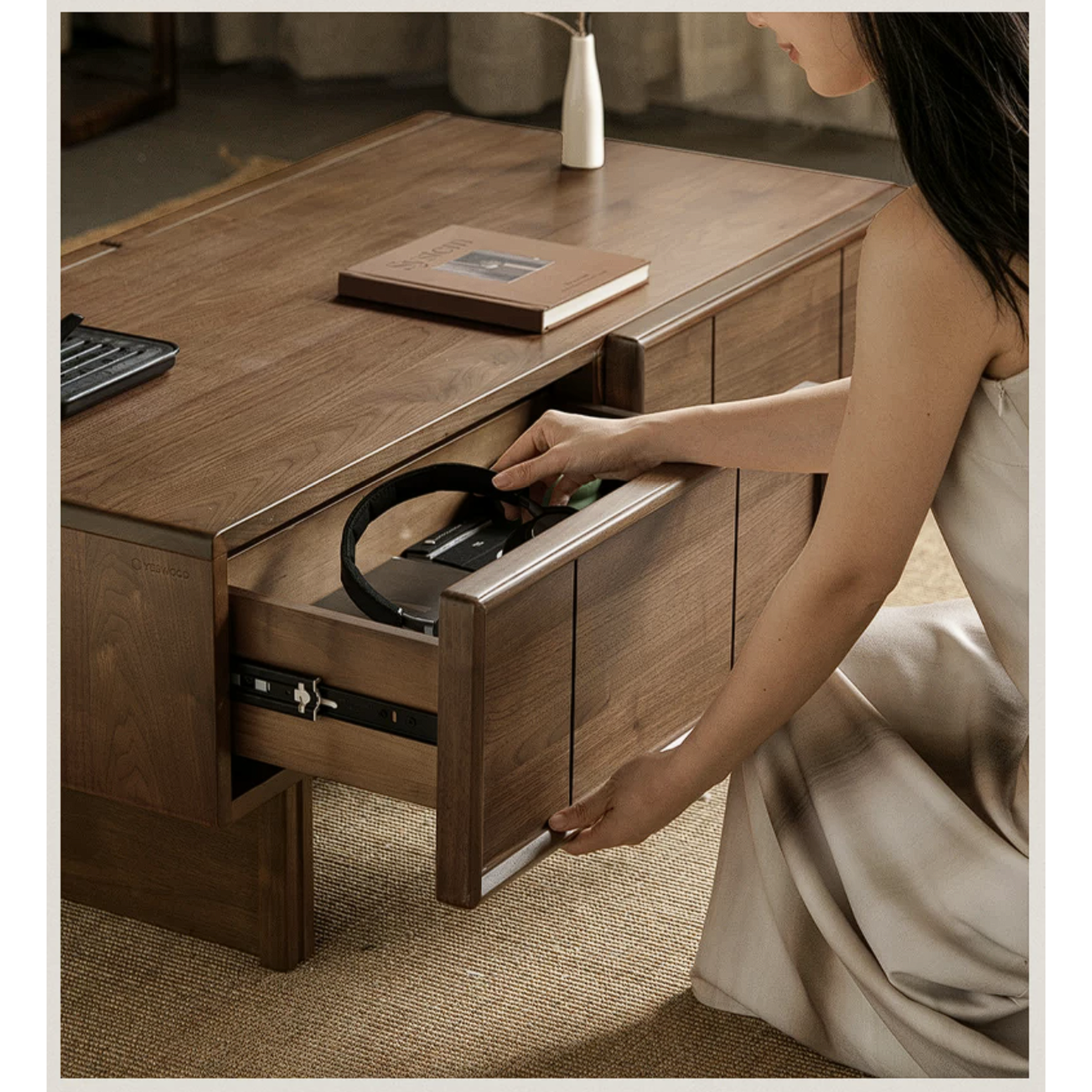 Black Walnut Solid Wood Coffee Table with Storage