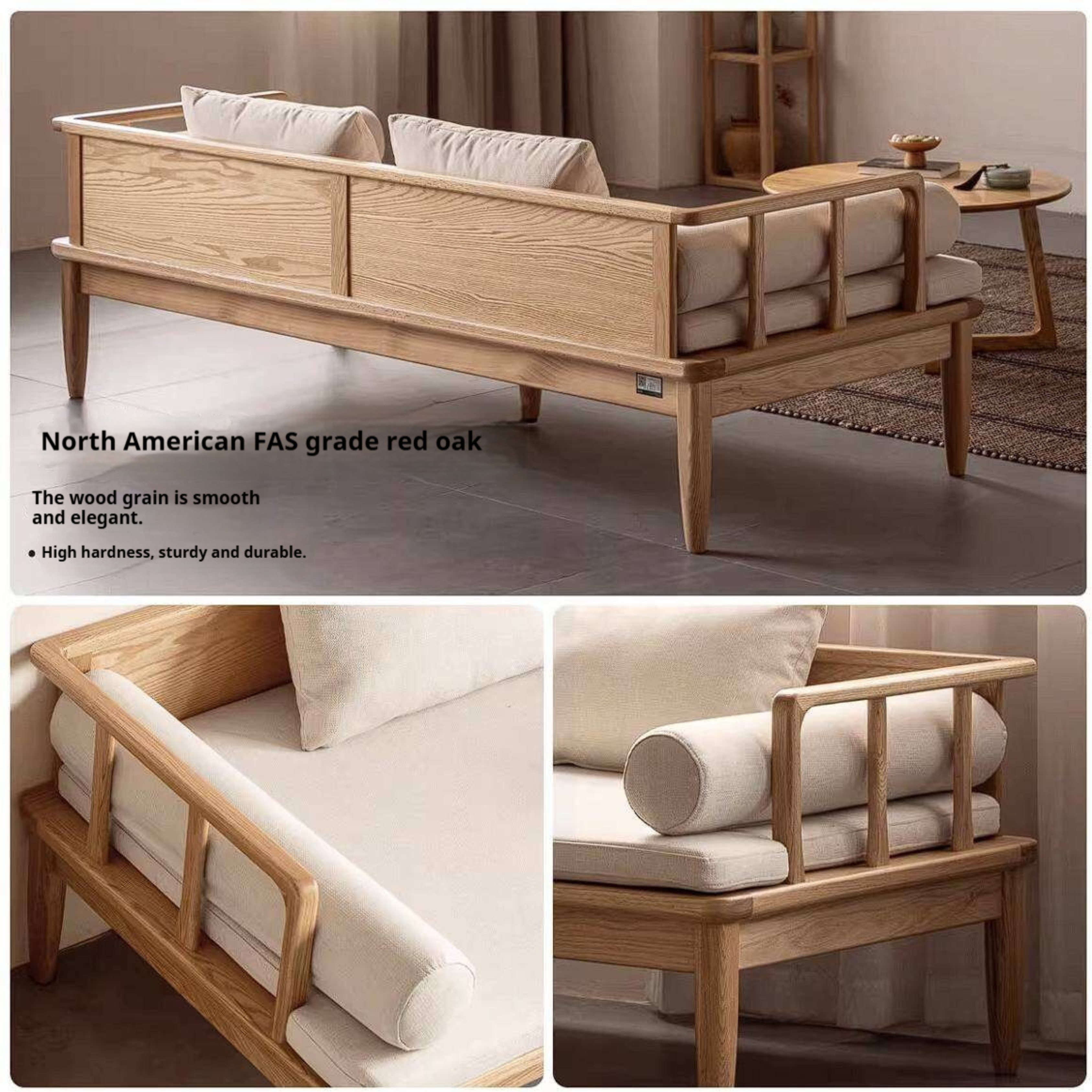 Oak Solid Wood Daybed Sofa with Removable Linen Cushions