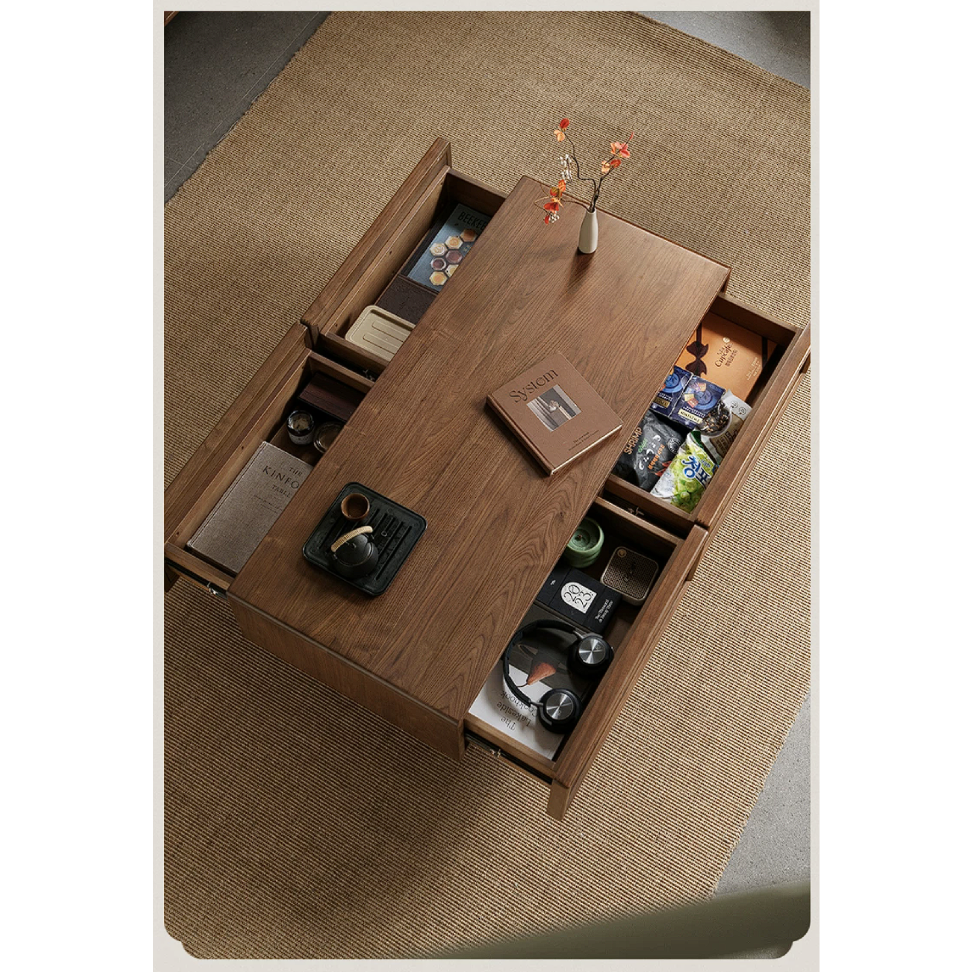 Black Walnut Solid Wood Coffee Table with Storage
