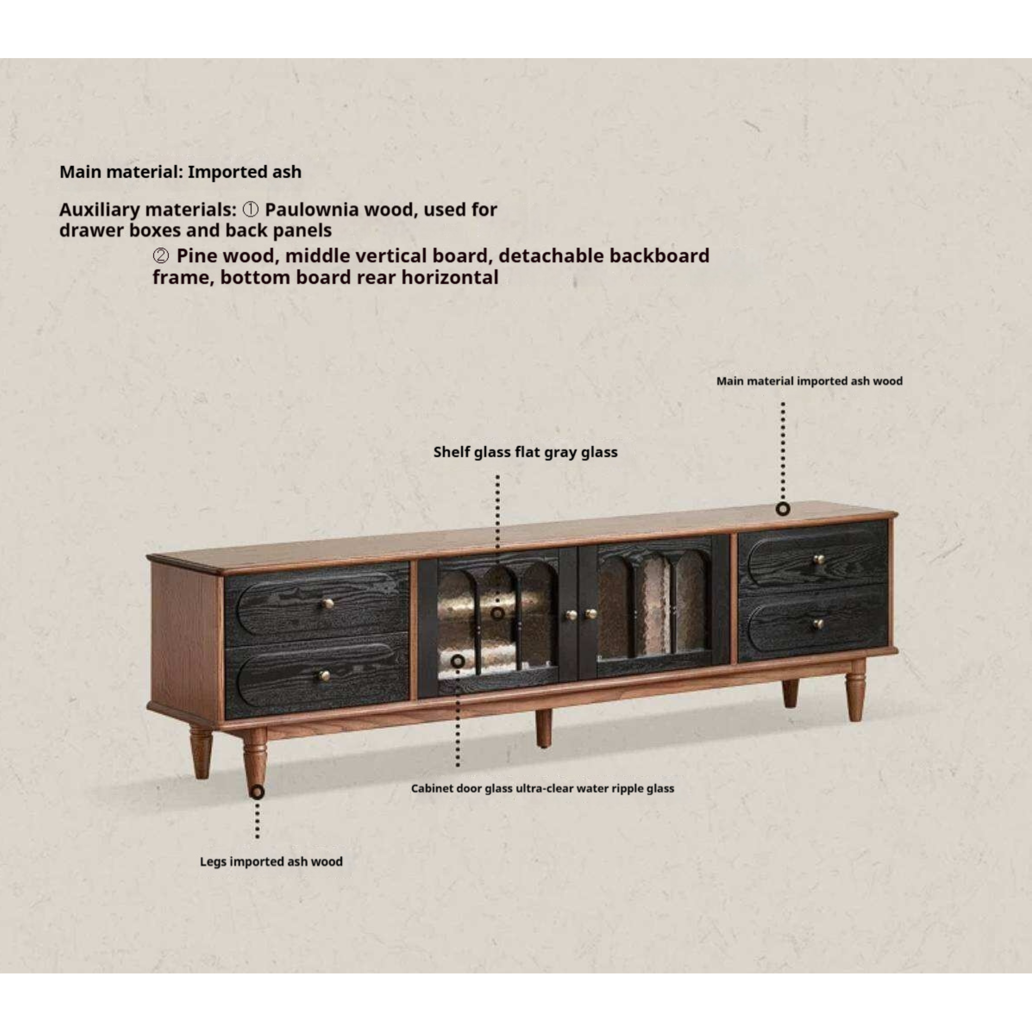 Ash Solid Wood TV Cabinet with Tall Storage and French Retro Design