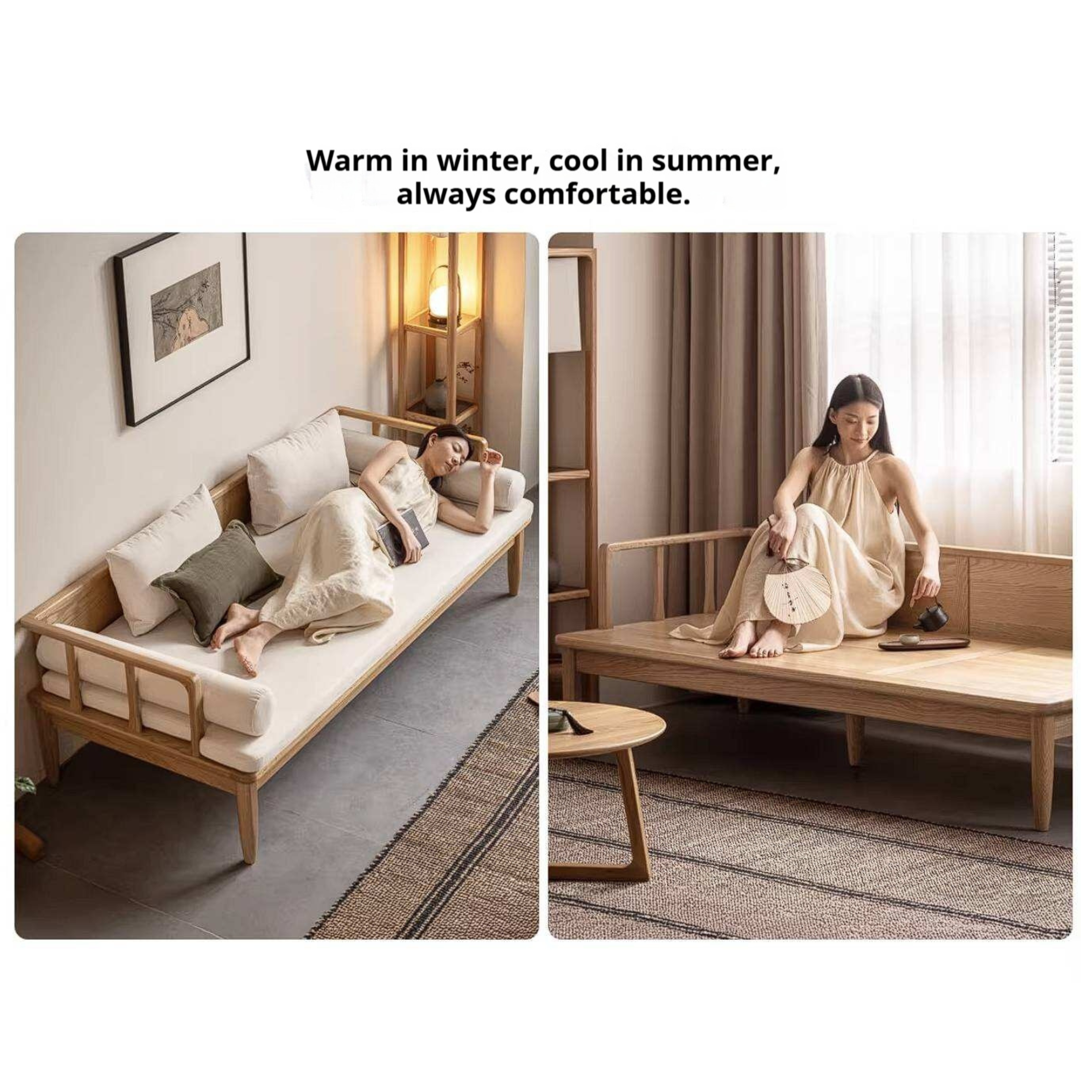 Oak Solid Wood Daybed Sofa with Removable Linen Cushions