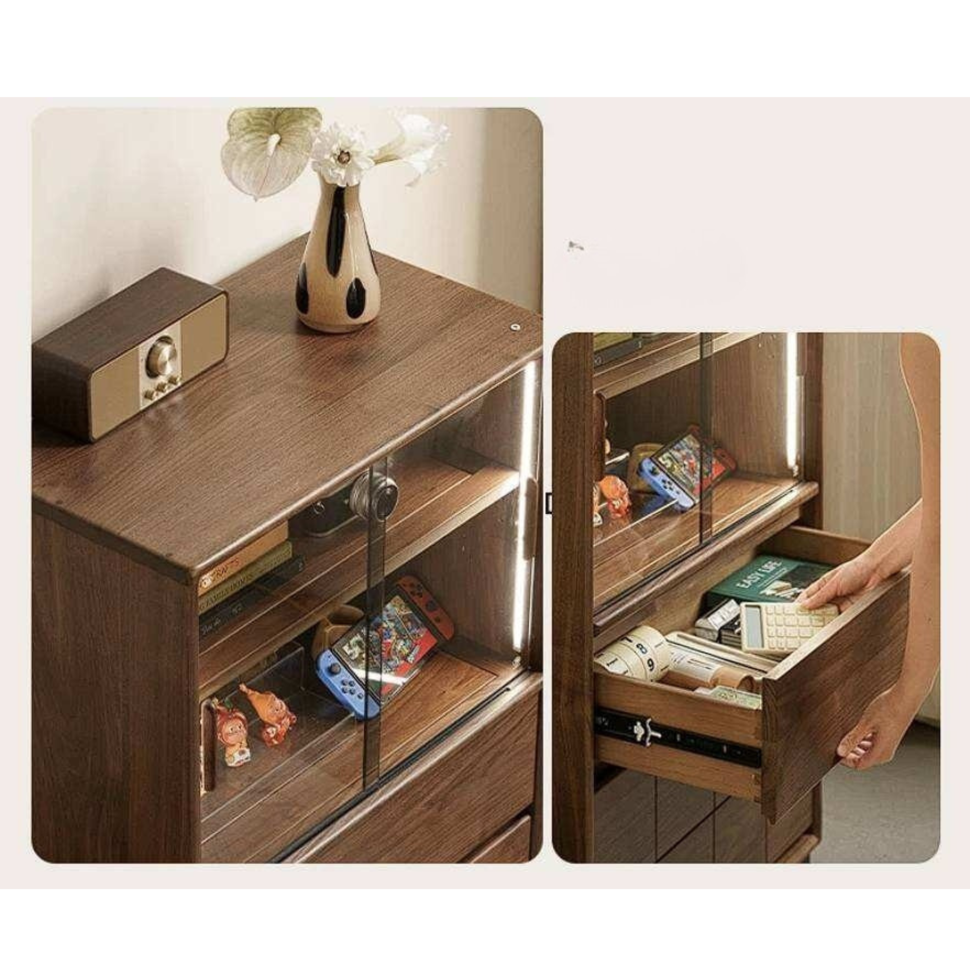 Black Walnut, Oak Solid Wood Side Cabinet with Integrated Lighting and Minimalist Design
