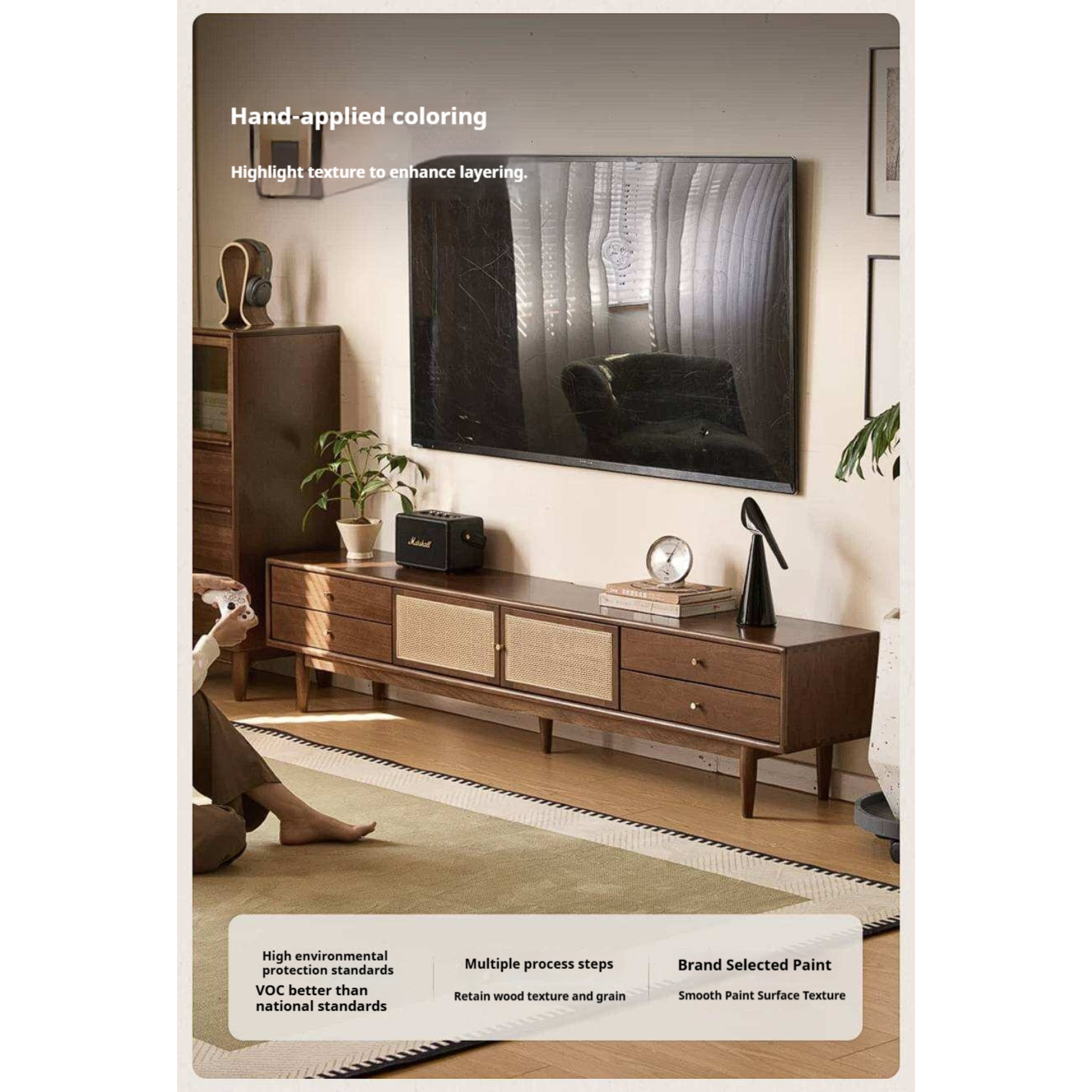 Birch Solid Wood TV Cabinet with Rattan Storage Design